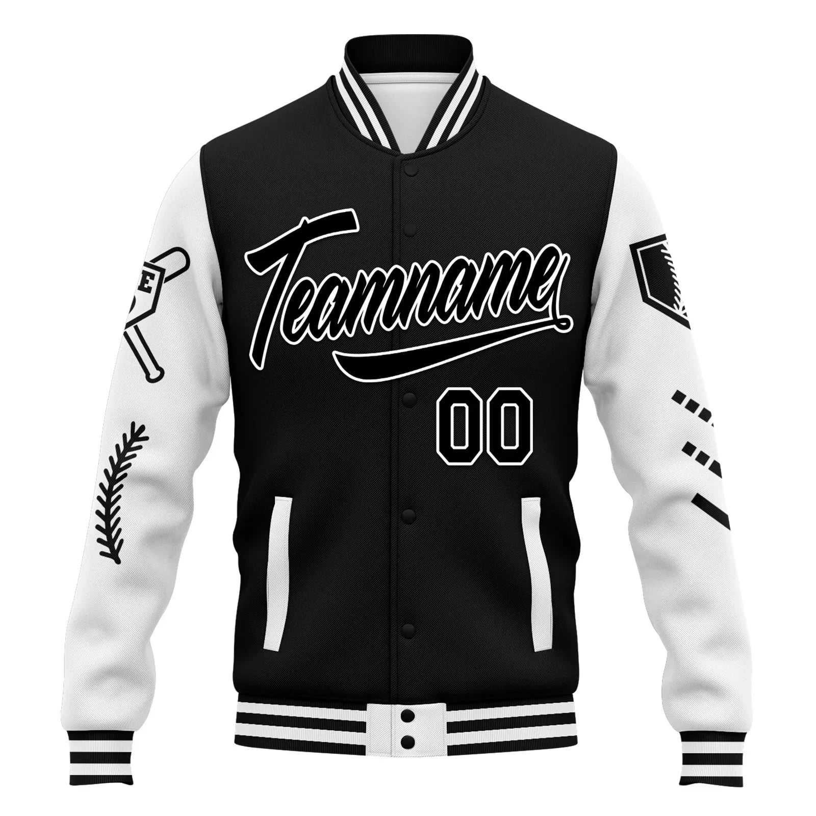 Custom Black White Raglan Sleeves Jacket Bomber Full-Snap Varsity Letterman Personalized Jacket FZ005-D023002-8 - Coolcustomize
