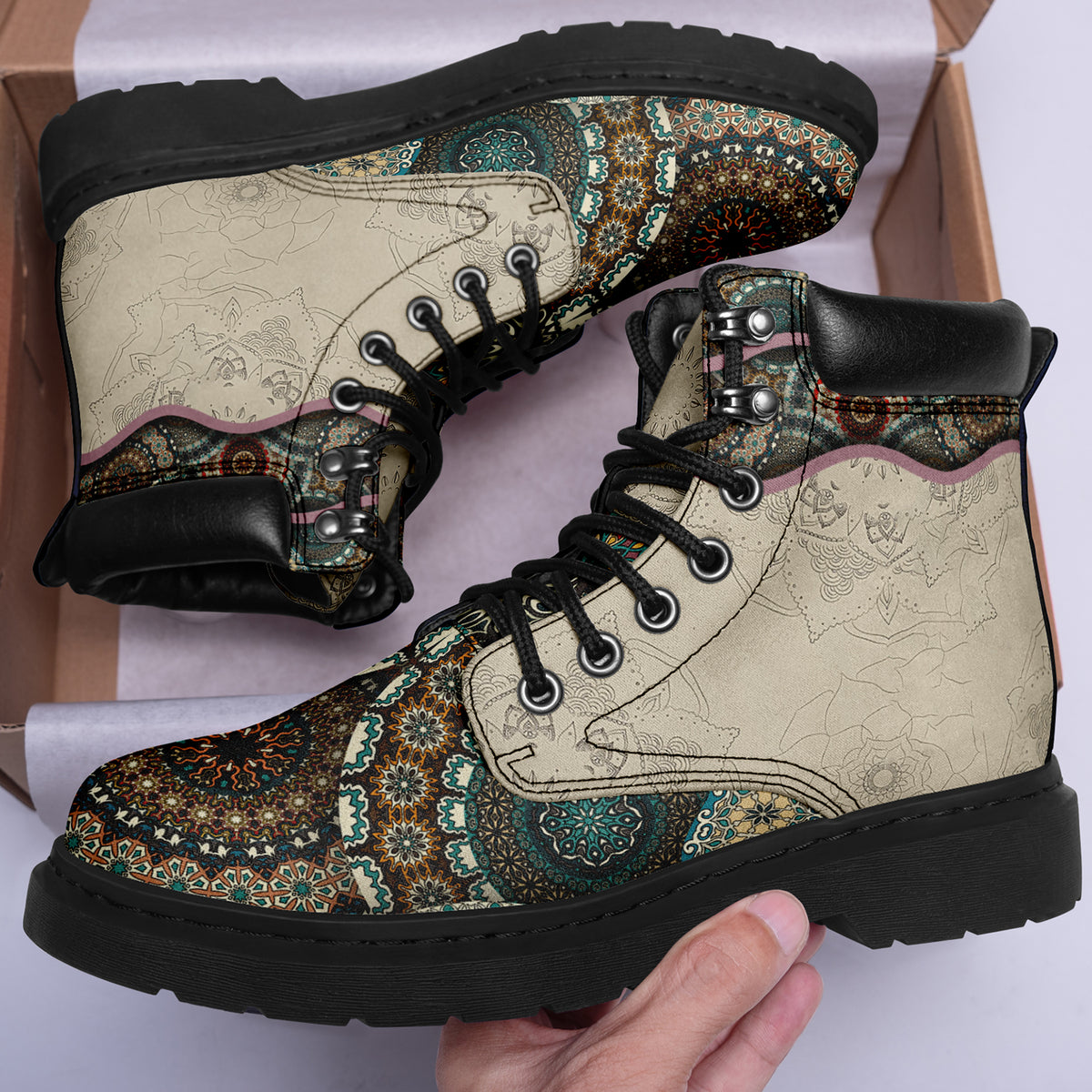 Personalized Moroccan Mosaic Combat Boots – Retro Padded Collar Floral Leather Boots, Custom Gift for Her
