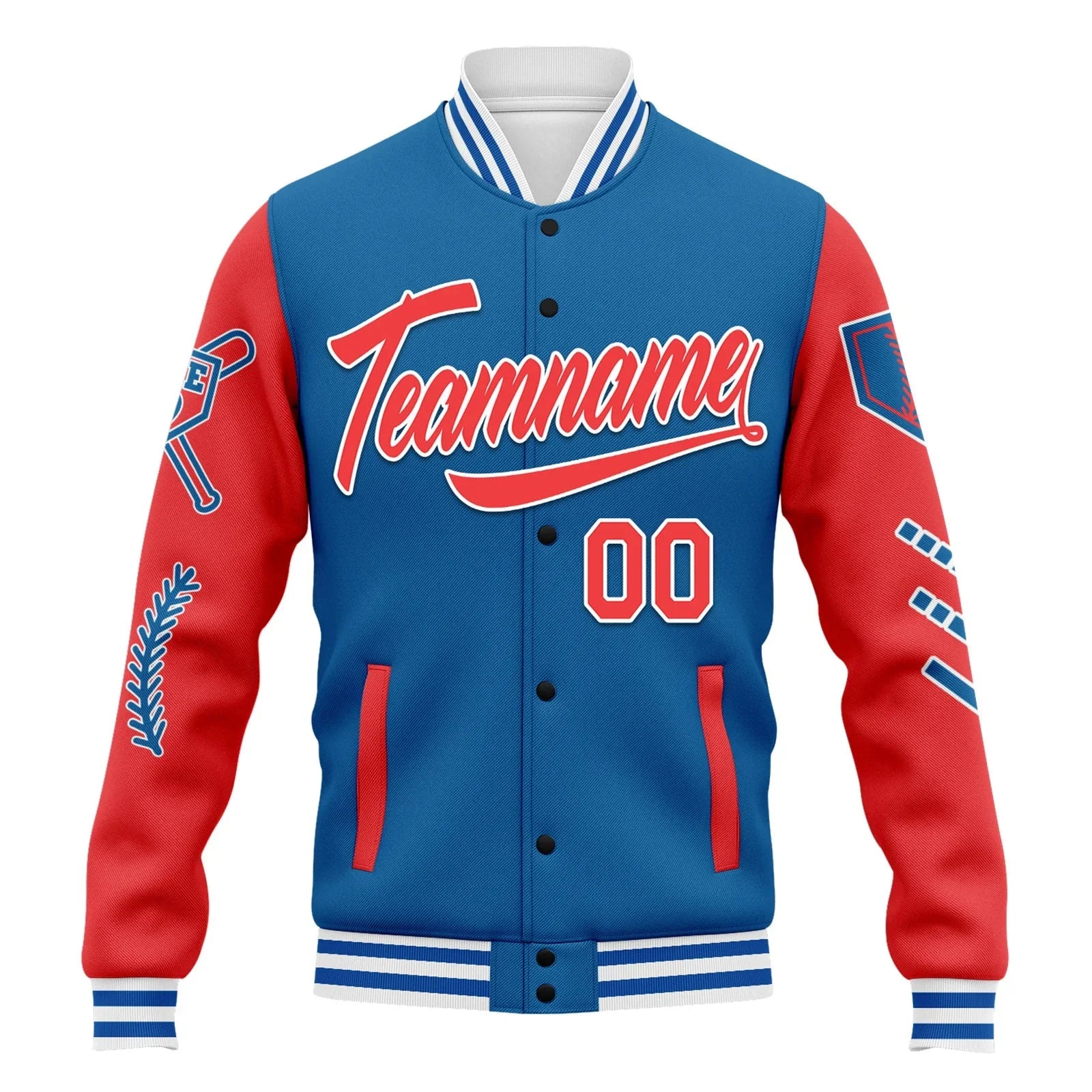Custom Blue Red Raglan Sleeves Jacket Bomber Full-Snap Varsity Letterman Personalized Jacket FZ005-D023002-2 - Coolcustomize