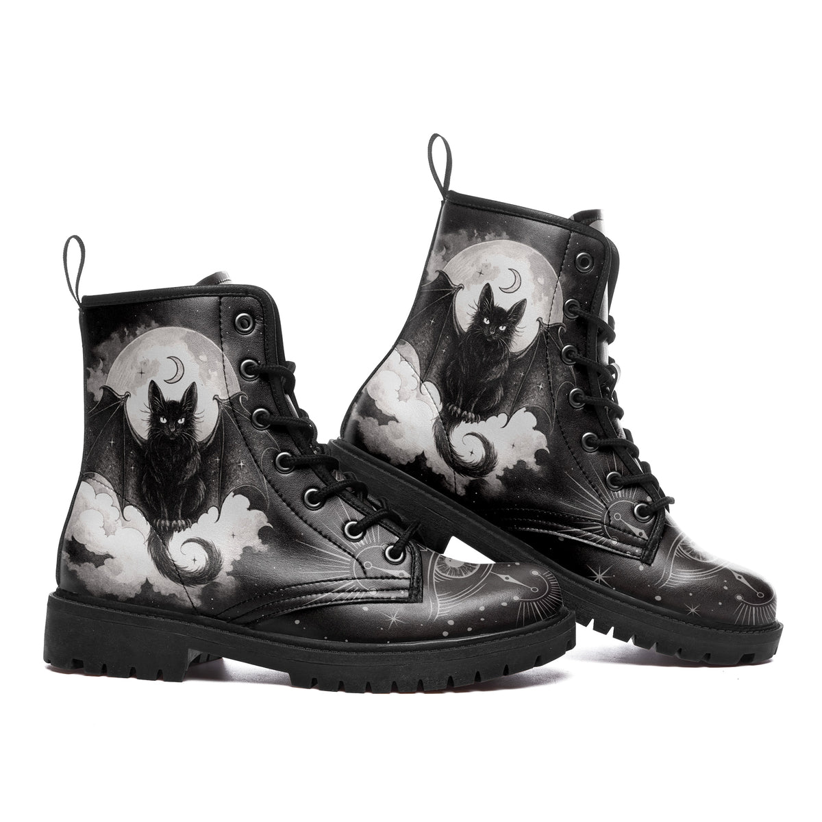 Personalized Witchy Bat Cat Leather Boots – Mystical Moon & All-Seeing Eye Combat Boots, Custom Goth Gift