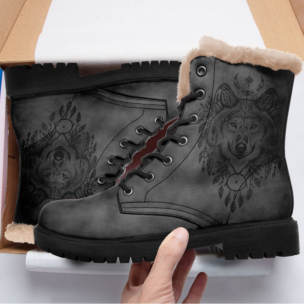 Personalized Boho Wolf Floral Combat Boots – Cozy Fur Lined Winter Snow Boots, Custom Gift for Her