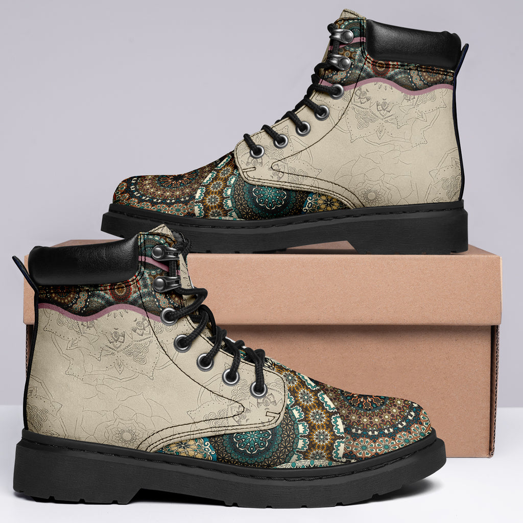 Personalized Moroccan Mosaic Combat Boots – Retro Padded Collar Floral Leather Boots, Custom Gift for Her