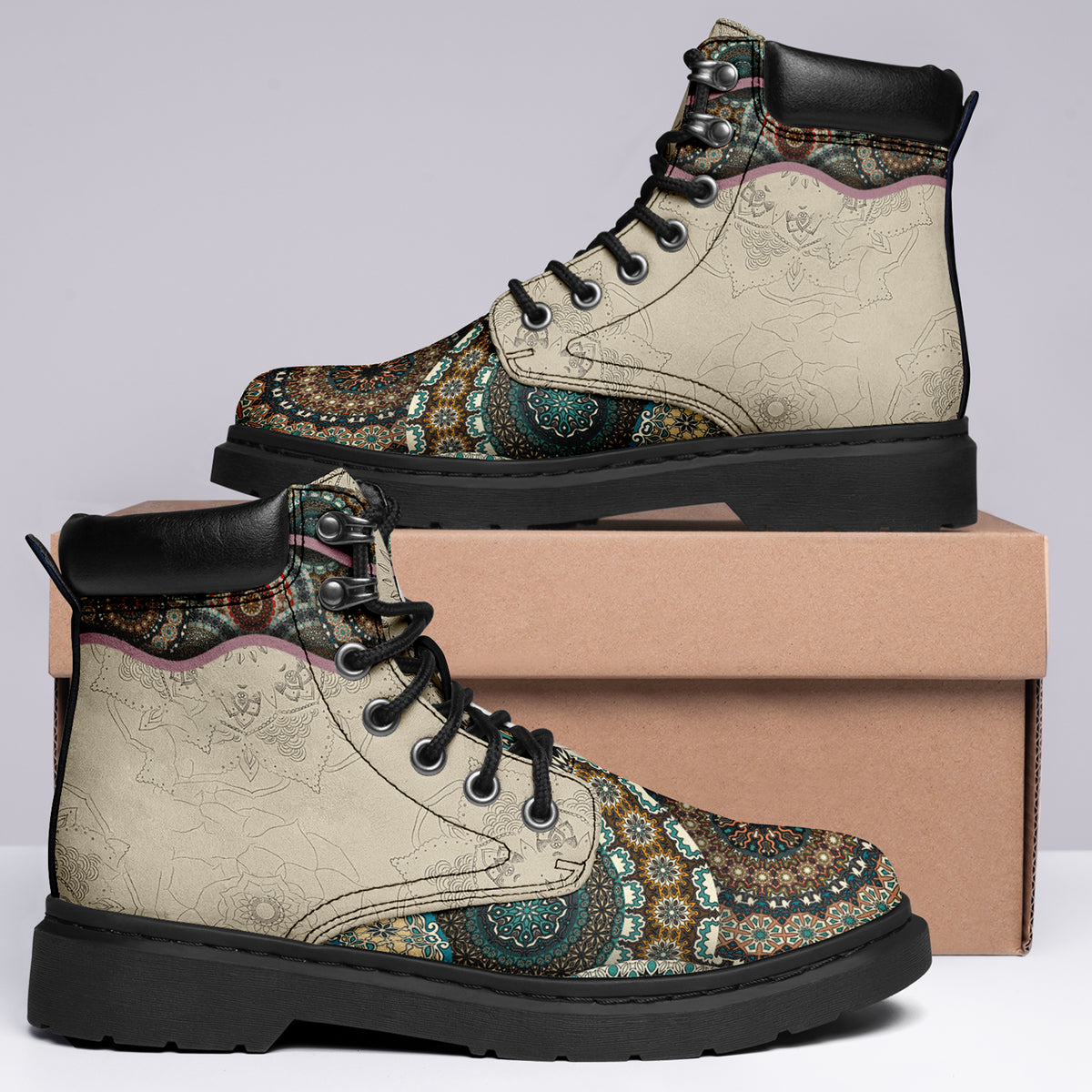 Personalized Moroccan Mosaic Combat Boots – Retro Padded Collar Floral Leather Boots, Custom Gift for Her
