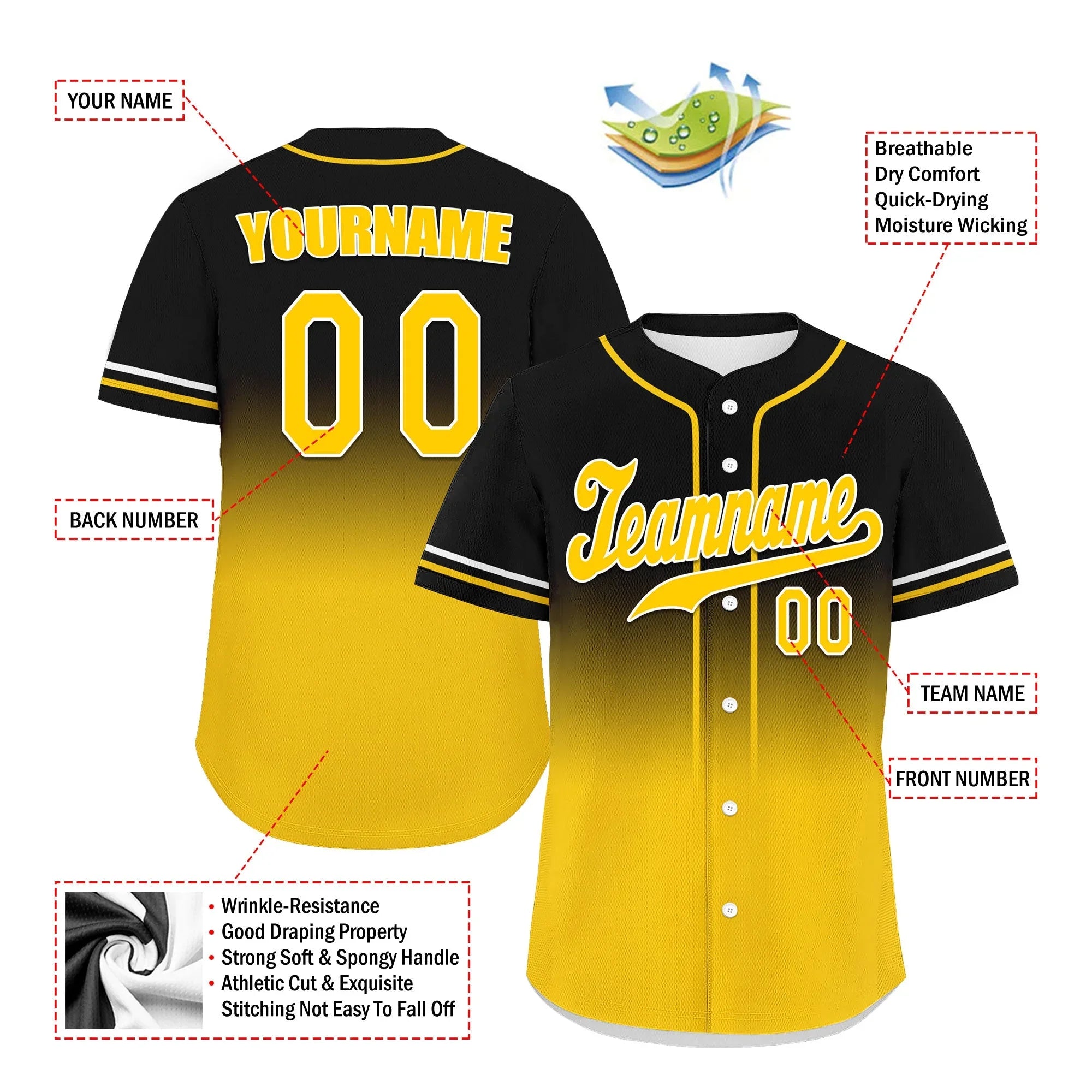 Custom Black Yellow Fade Fashion Personalized Authentic Baseball Jersey UN002-bd0b007b-b - Coolcustomize
