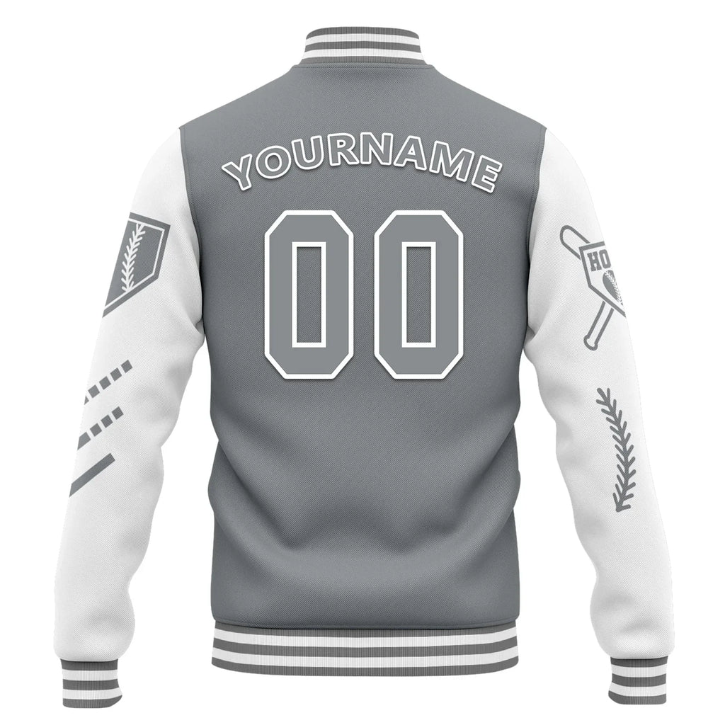 Custom Gray White Raglan Sleeves Jacket Bomber Full-Snap Varsity Letterman Personalized Jacket FZ005-D023002-10 - Coolcustomize