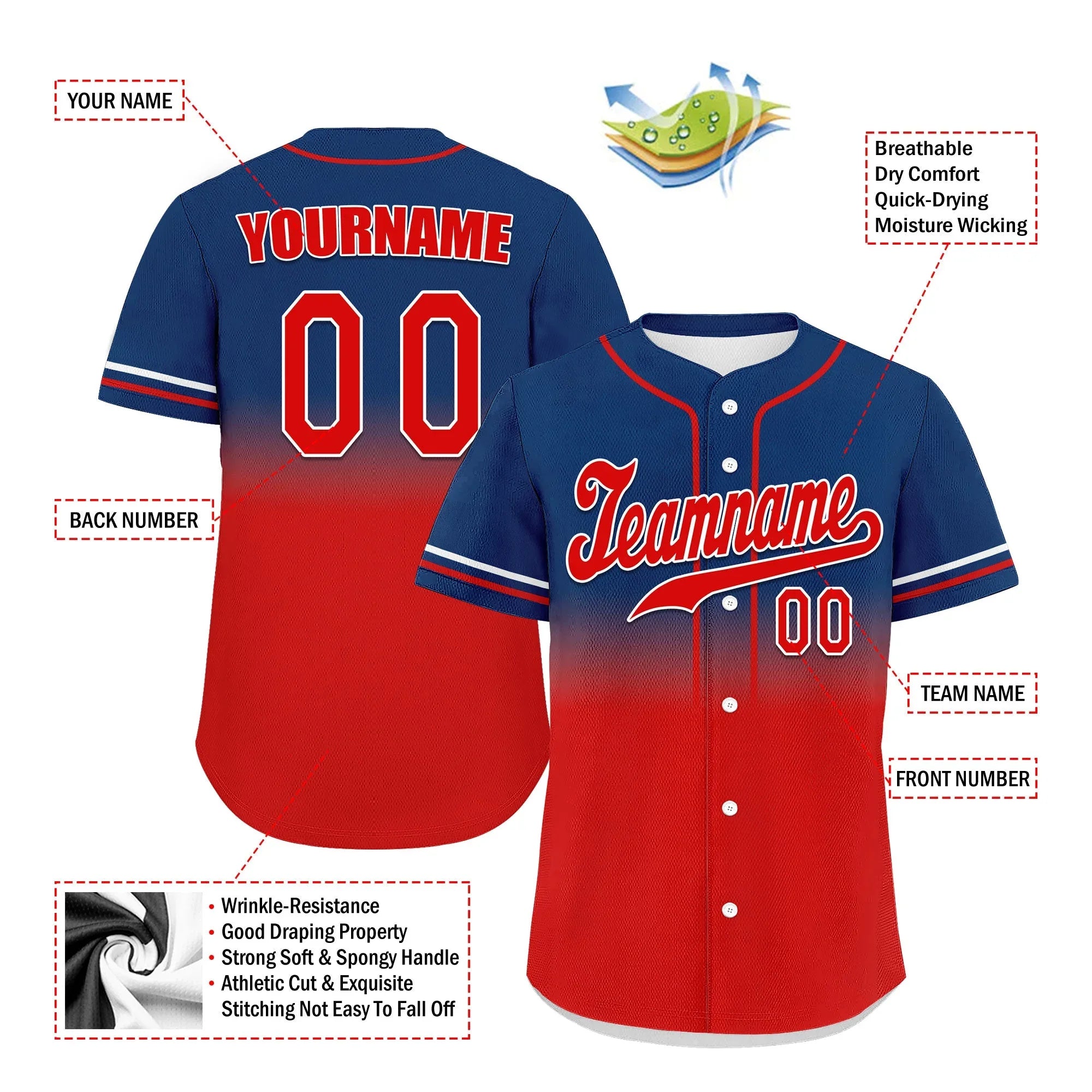 Custom Blue Red Fade Fashion Personalized Authentic Baseball Jersey UN002-bd0b007b-f - Coolcustomize
