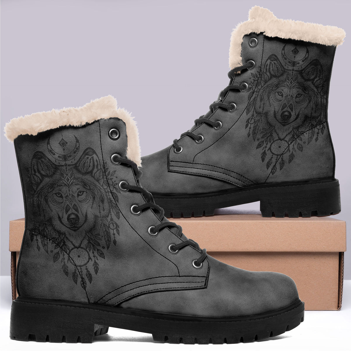 Personalized Boho Wolf Floral Combat Boots – Cozy Fur Lined Winter Snow Boots, Custom Gift for Her