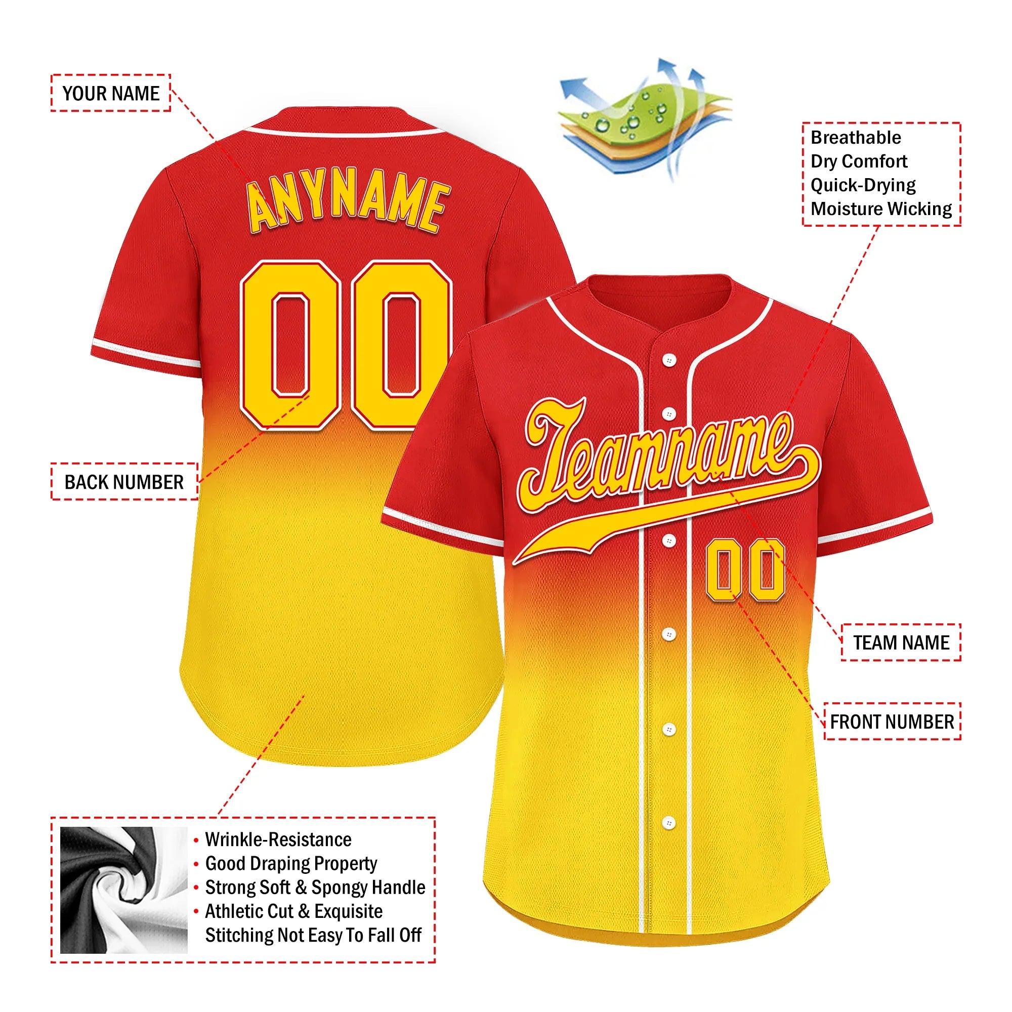 Custom Red Yellow Fade Fashion Personalized Authentic Baseball Jersey BSBJ01-D0a70d7 - Coolcustomize
