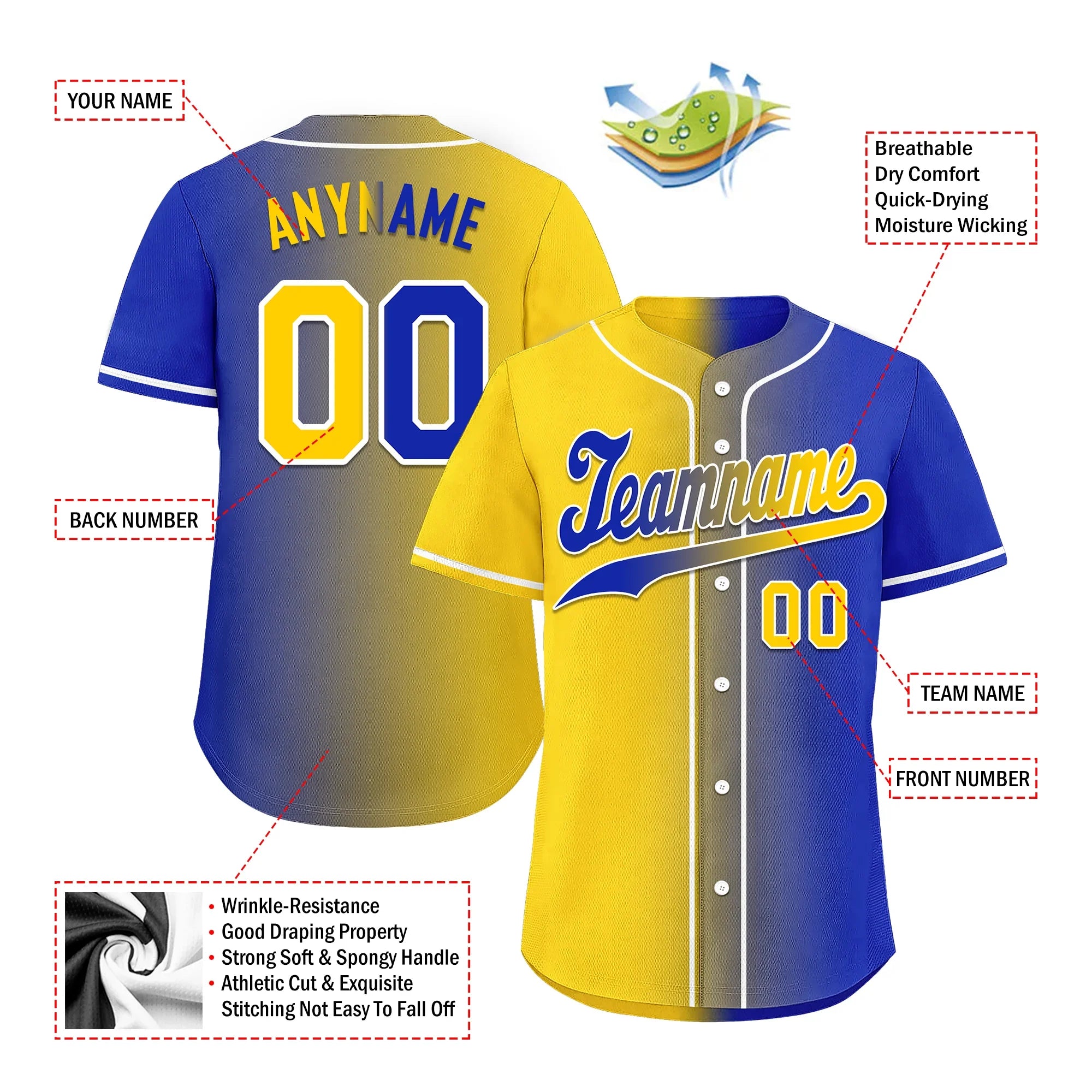 Custom Yellow Blue Gradient Fashion Personalized Authentic Baseball Jersey BSBJ01-D0a7098 - Coolcustomize