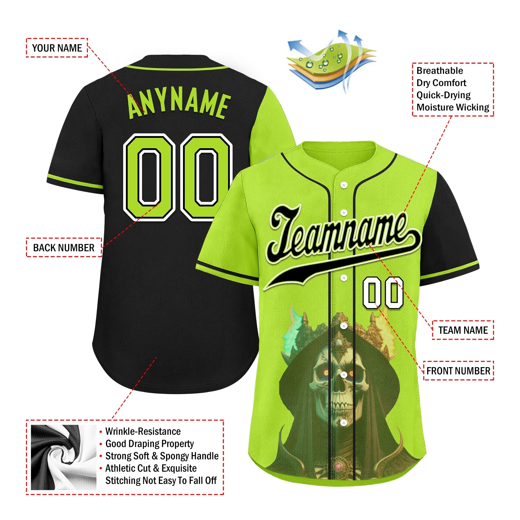 Custom Green Black Skull Fashion Personalized Authentic Baseball Jersey BSBJ01-D017153 - Coolcustomize