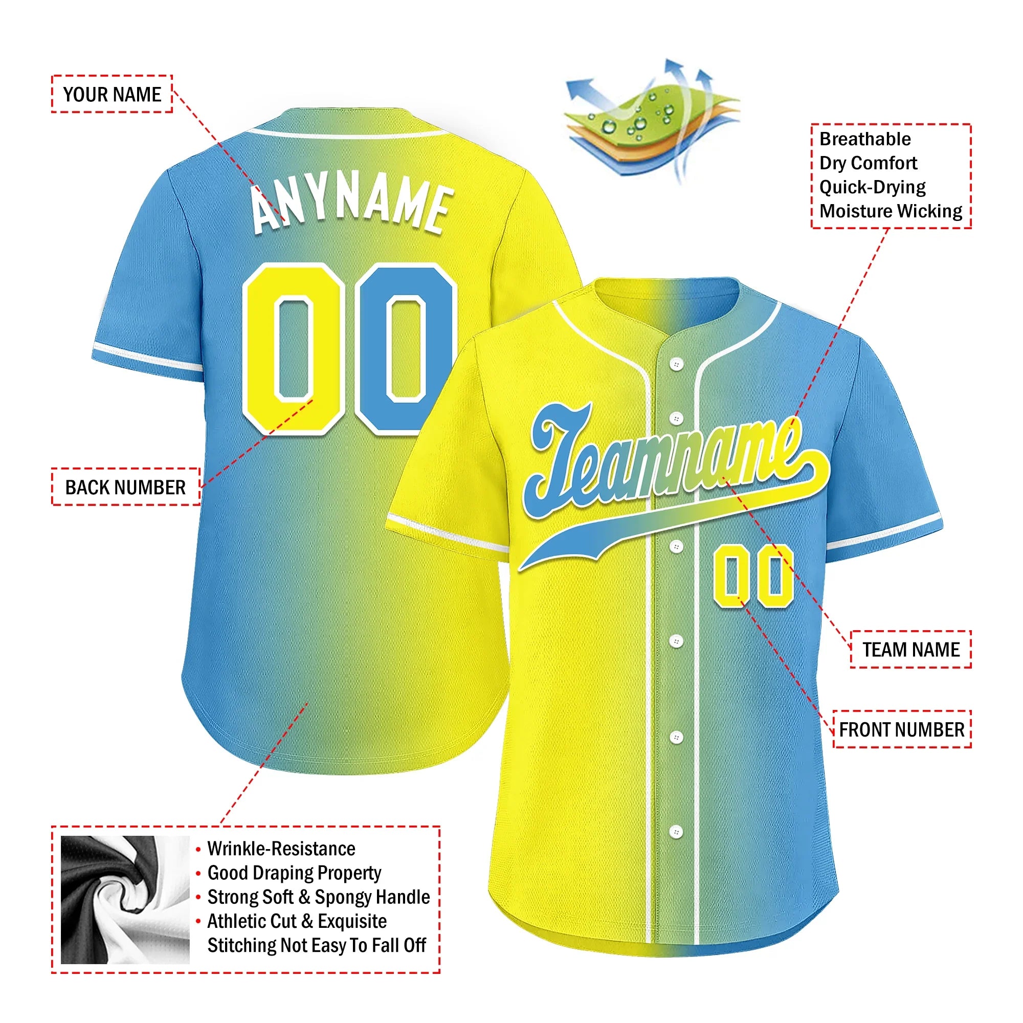 Custom Yellow Blue Gradient Fashion Personalized Authentic Baseball Jersey BSBJ01-D0a7aa0 - Coolcustomize