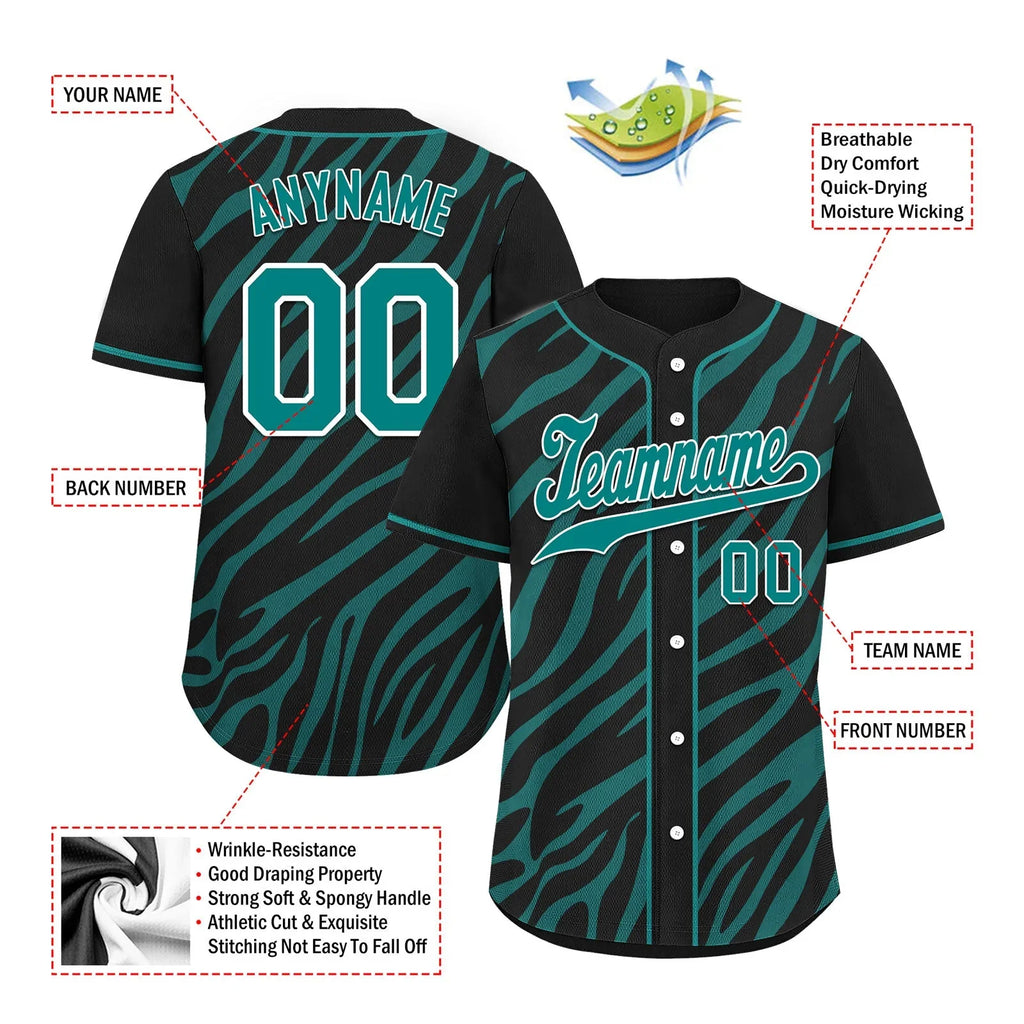 Custom Black Teal Zebra Pattern Personalized Authentic Baseball Jersey BSBJ01-D020201-23 - Coolcustomize