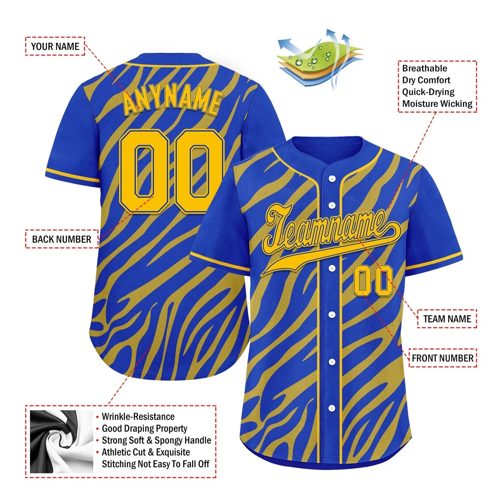 Custom Blue Yellow Zebra Pattern Personalized Authentic Baseball Jersey BSBJ01-D020201-16 - Coolcustomize