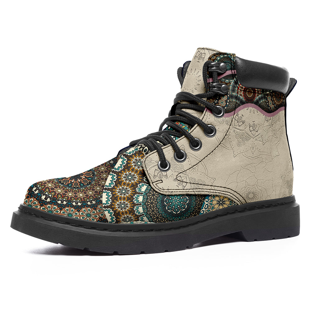 Personalized Moroccan Mosaic Combat Boots – Retro Padded Collar Floral Leather Boots, Custom Gift for Her