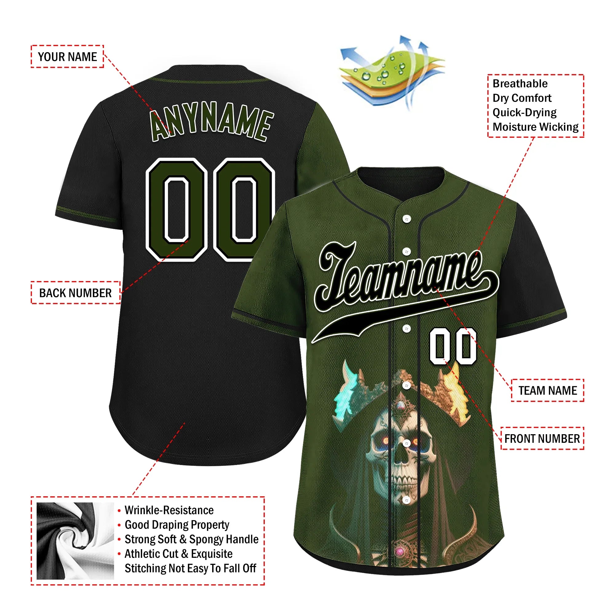 Custom Green Black Skull Fashion Personalized Authentic Baseball Jersey BSBJ01-D017152 - Coolcustomize