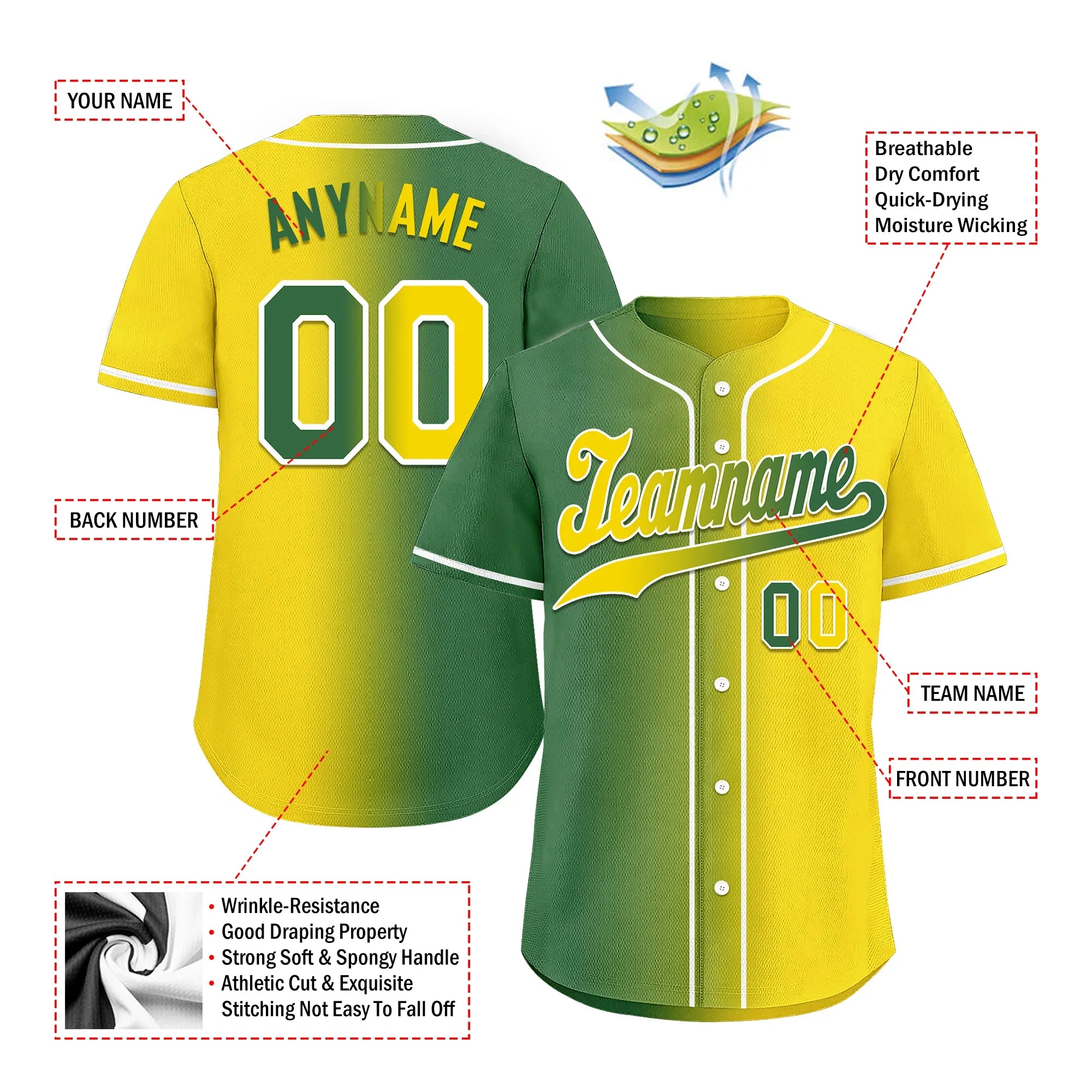 Custom Green Yellow Gradient Fashion Personalized Authentic Baseball Jersey BSBJ01-D0a707d - Coolcustomize
