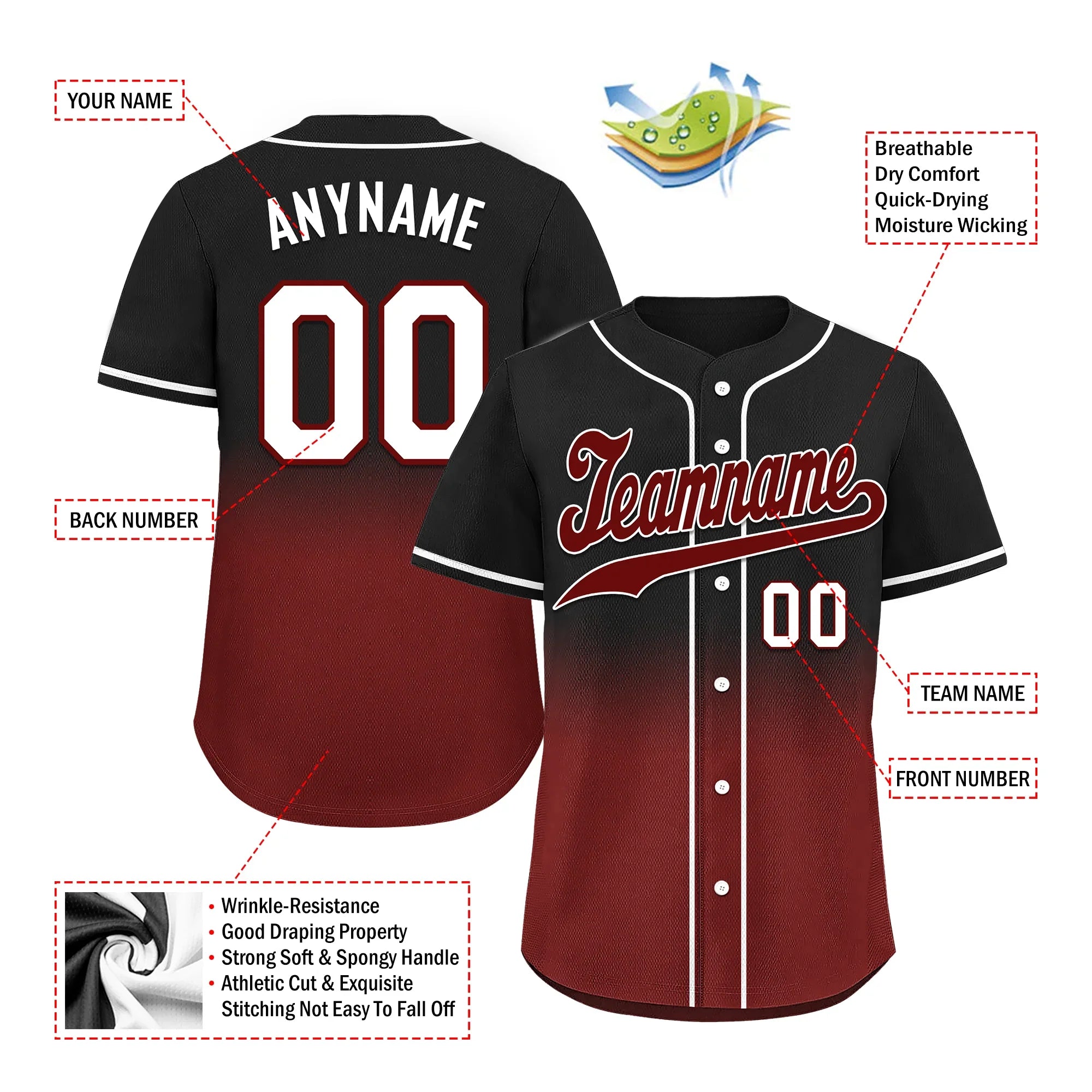 Custom Black Red Fade Fashion Personalized Authentic Baseball Jersey BSBJ01-D0a70f0 - Coolcustomize