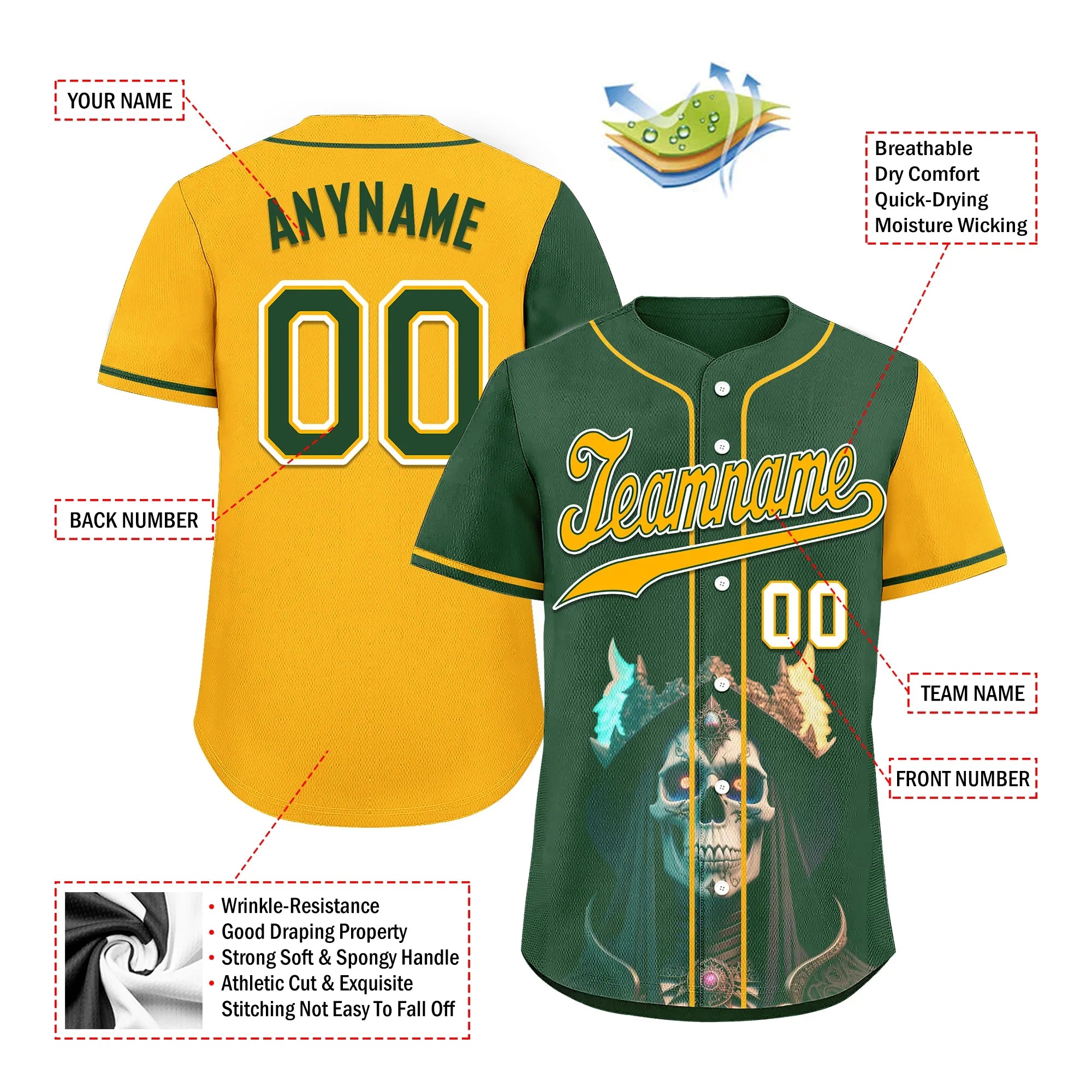 Custom Green Yellow Skull Fashion Personalized Authentic Baseball Jersey BSBJ01-D017154 - Coolcustomize
