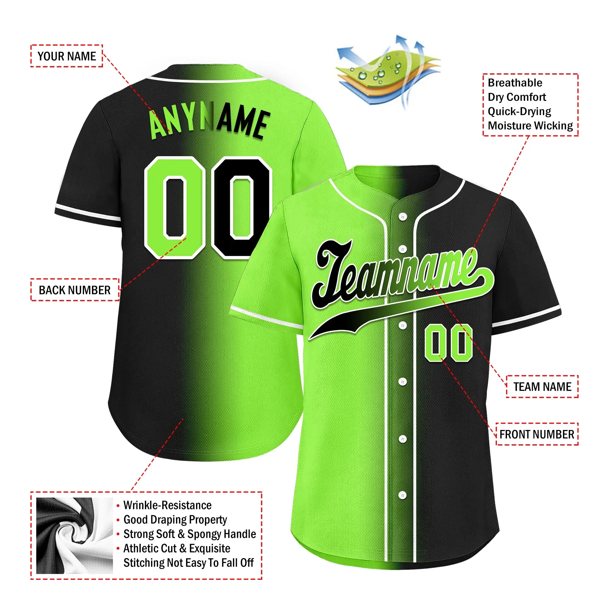 Custom Green Black Gradient Fashion Personalized Authentic Baseball Jersey BSBJ01-D0a709c - Coolcustomize