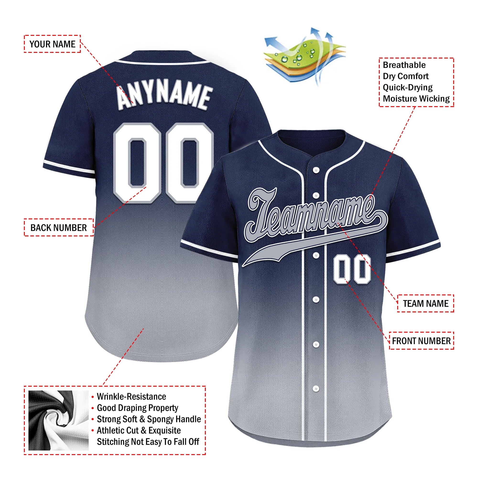 Custom Blue Grey Fade Fashion Personalized Authentic Baseball Jersey BSBJ01-D0a70b8 - Coolcustomize