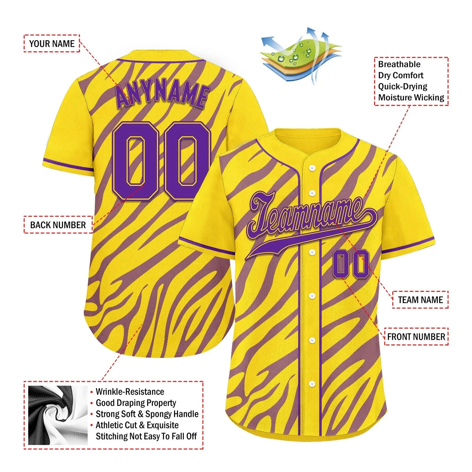 Custom Gold Purple Zebra Pattern Personalized Authentic Baseball Jersey BSBJ01-D020201-14 - Coolcustomize