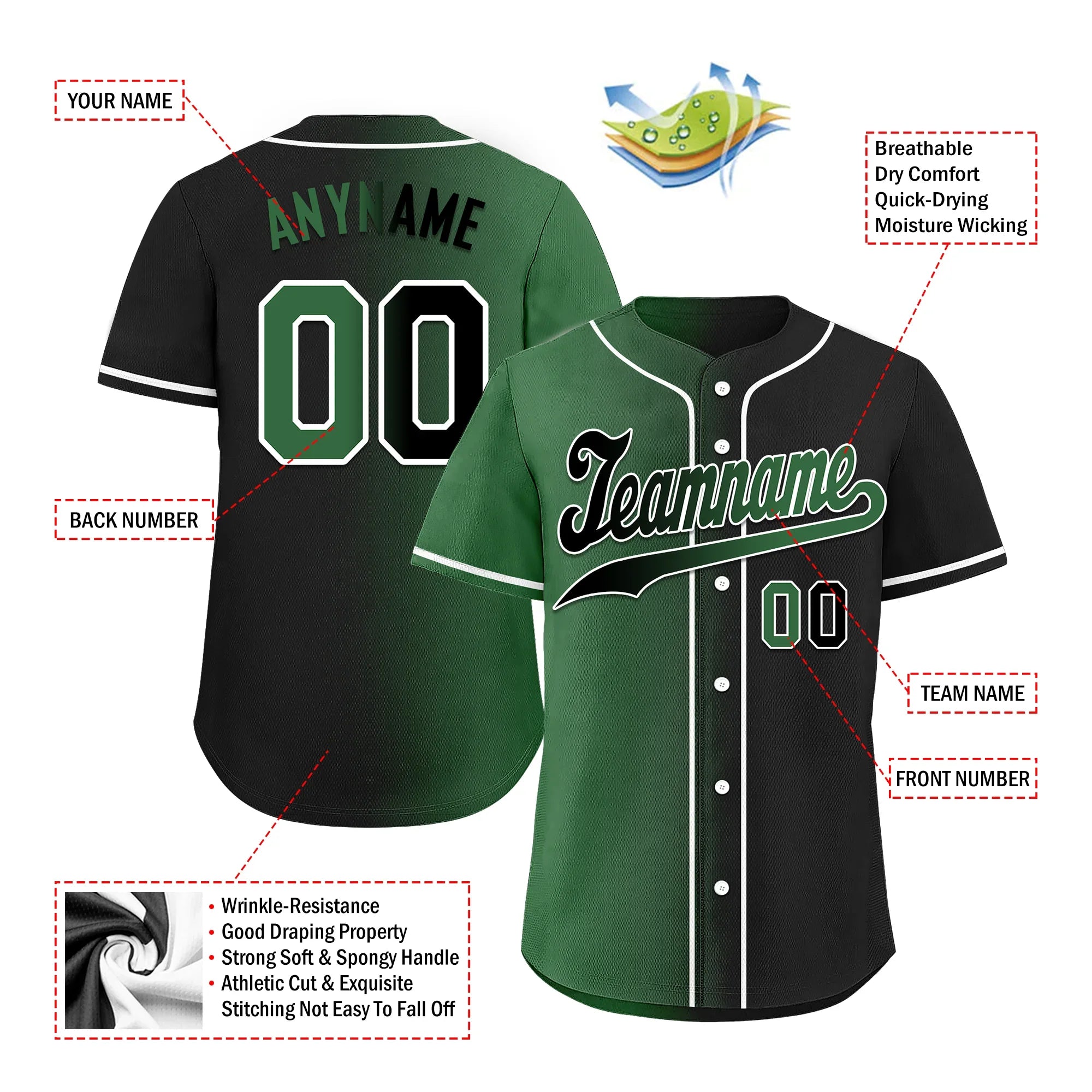 Custom Green Black Gradient Fashion Personalized Authentic Baseball Jersey BSBJ01-D0a707c - Coolcustomize