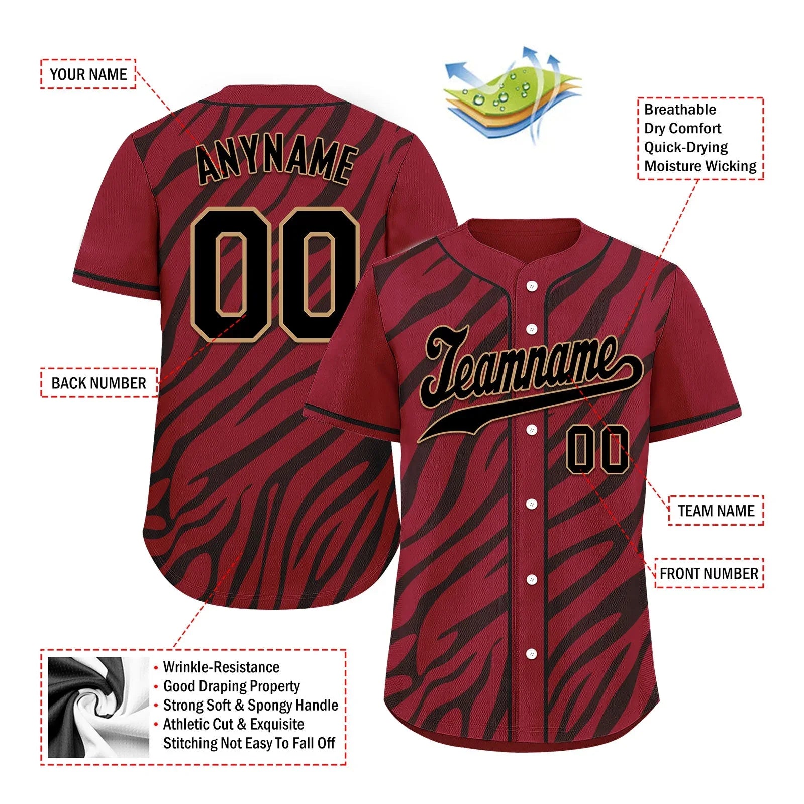 Custom Burgundy Black Zebra Pattern Personalized Authentic Baseball Jersey BSBJ01-D020201-10 - Coolcustomize