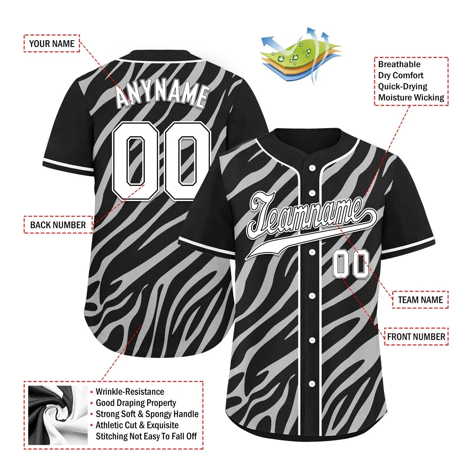 Custom Black White Zebra Pattern Personalized Authentic Baseball Jersey BSBJ01-D020201-1 - Coolcustomize