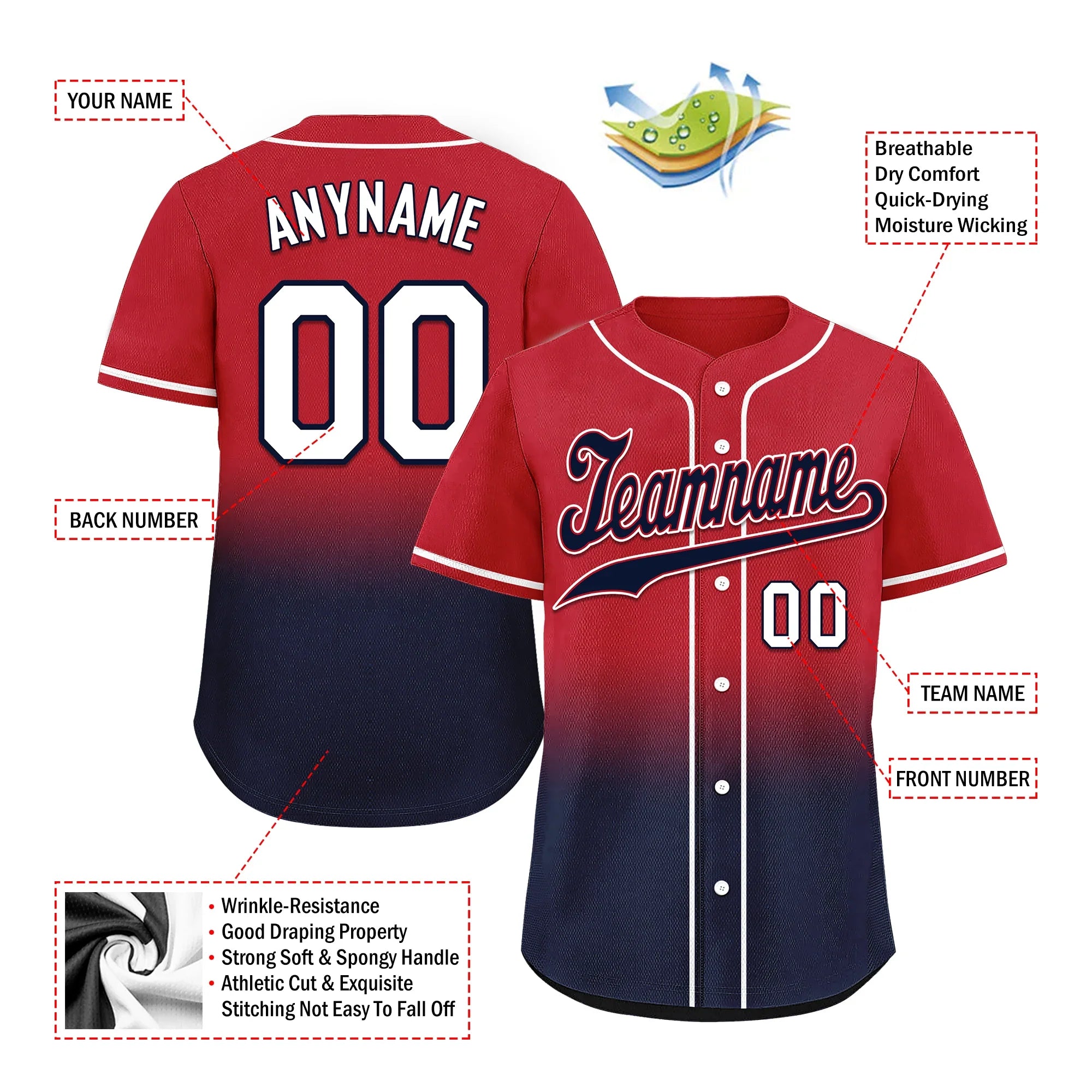 Custom Red Blue Fade Fashion Personalized Authentic Baseball Jersey BSBJ01-D0a70bc - Coolcustomize