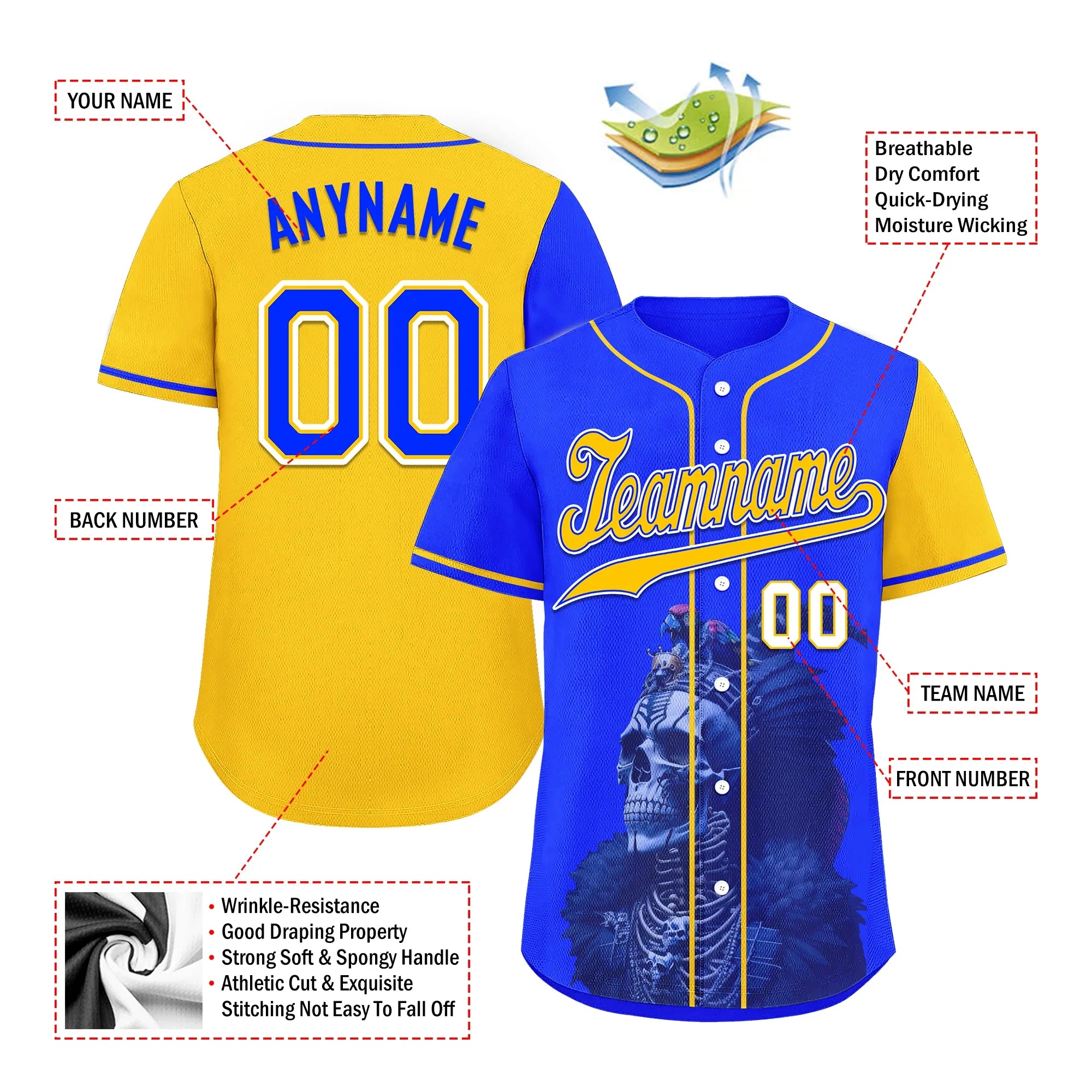 Custom Blue Yellow Skull Fashion Personalized Authentic Baseball Jersey BSBJ01-D017157 - Coolcustomize