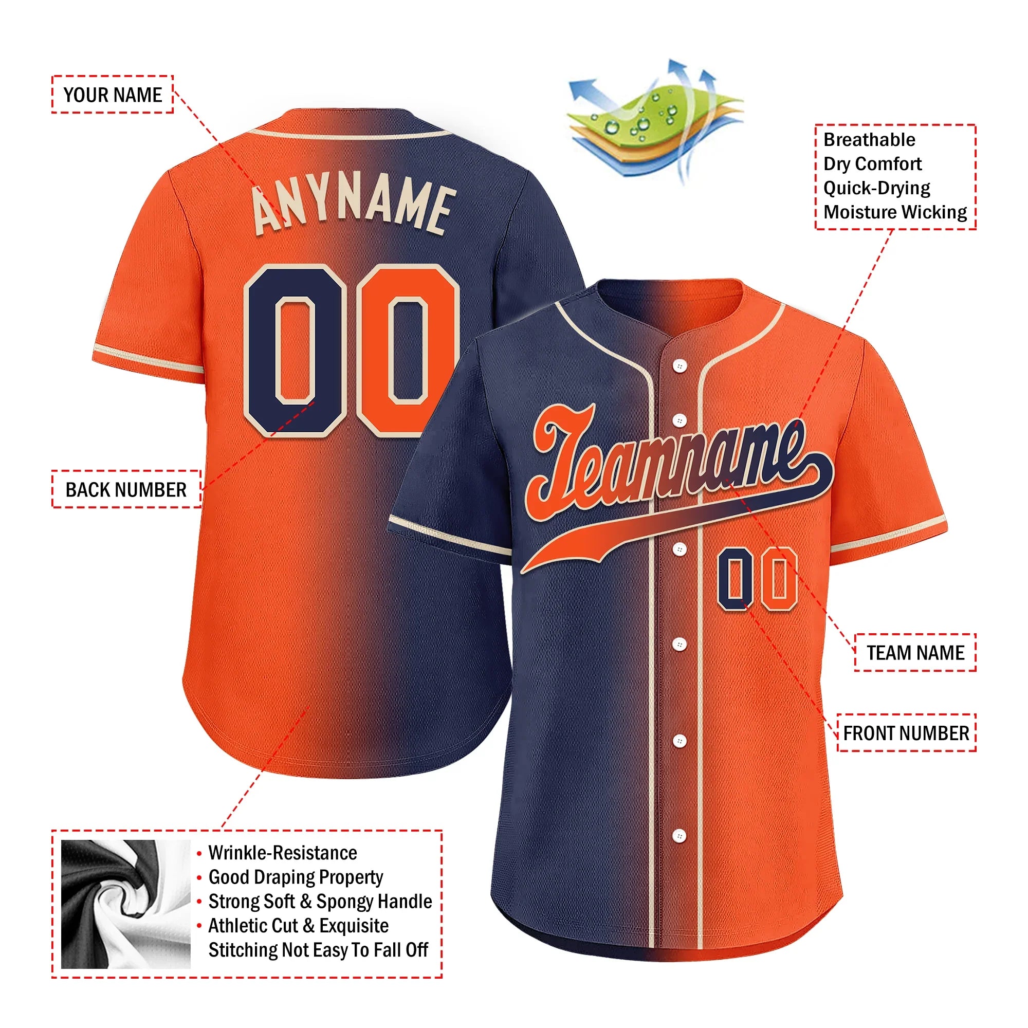 Custom Blue Orange Gradient Fashion Personalized Authentic Baseball Jersey BSBJ01-D0a7089 - Coolcustomize