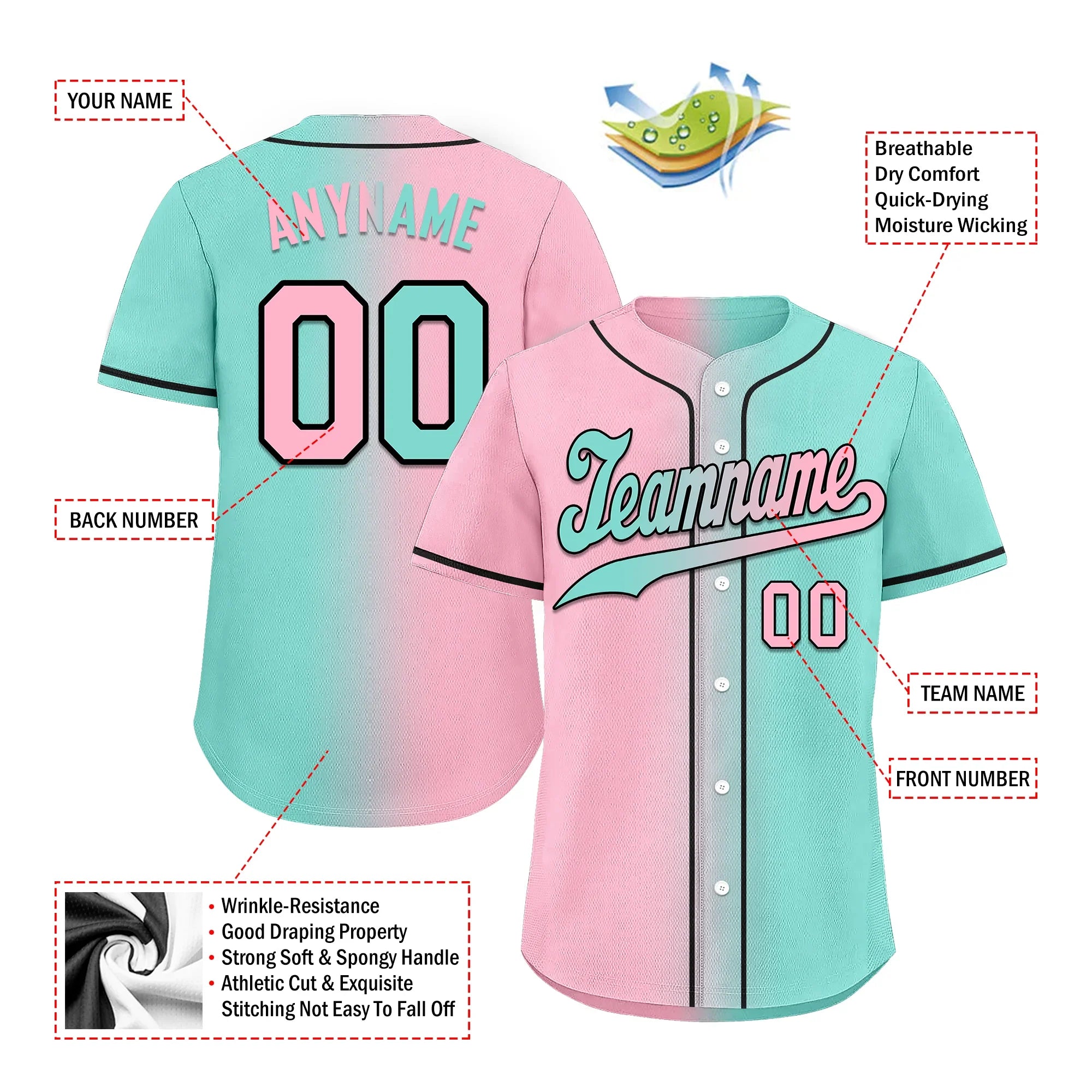 Custom Pink Cyan Gradient Fashion Personalized Authentic Baseball Jersey BSBJ01-D0a708b - Coolcustomize