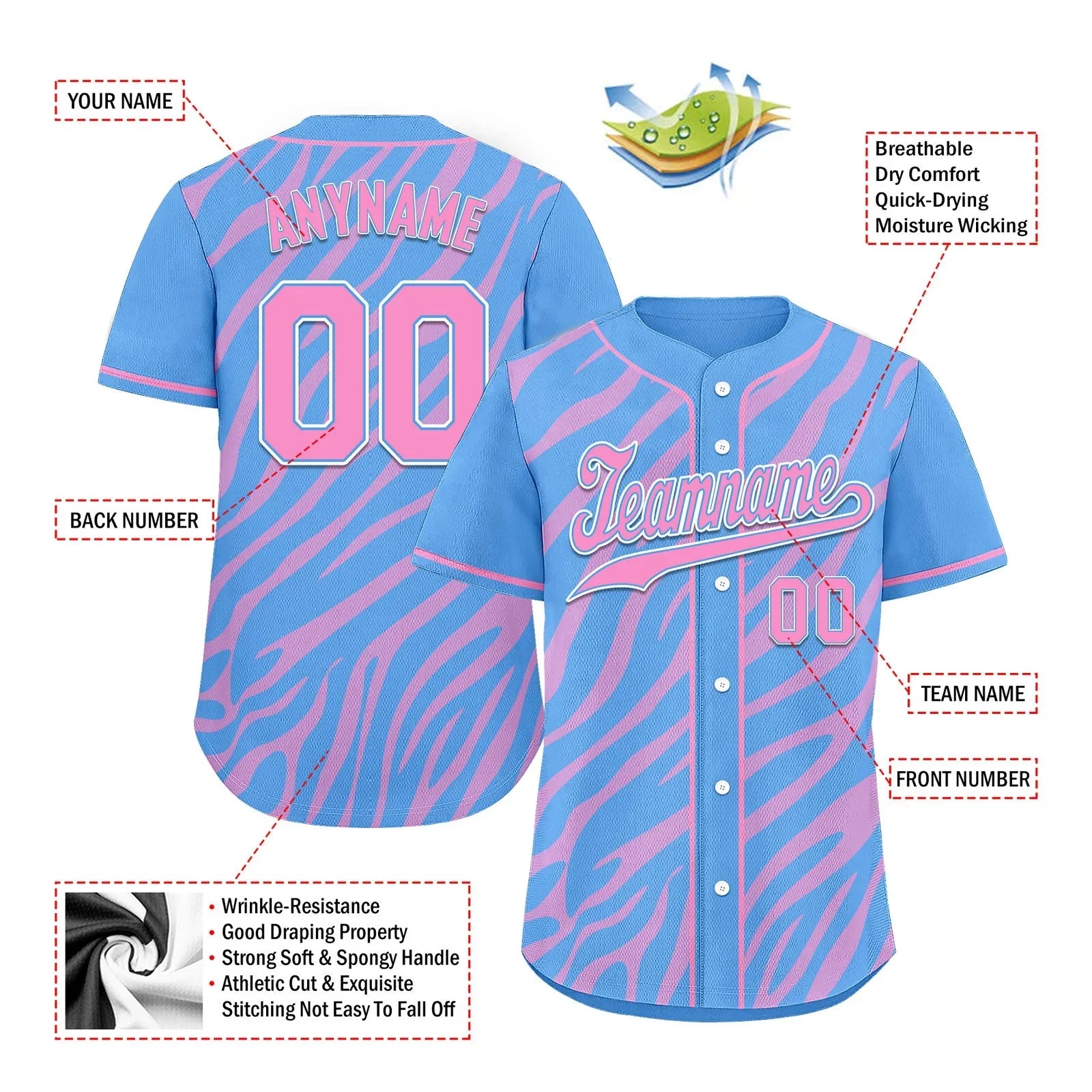 Custom Blue Pink Zebra Pattern Personalized Authentic Baseball Jersey BSBJ01-D020201-17 - Coolcustomize