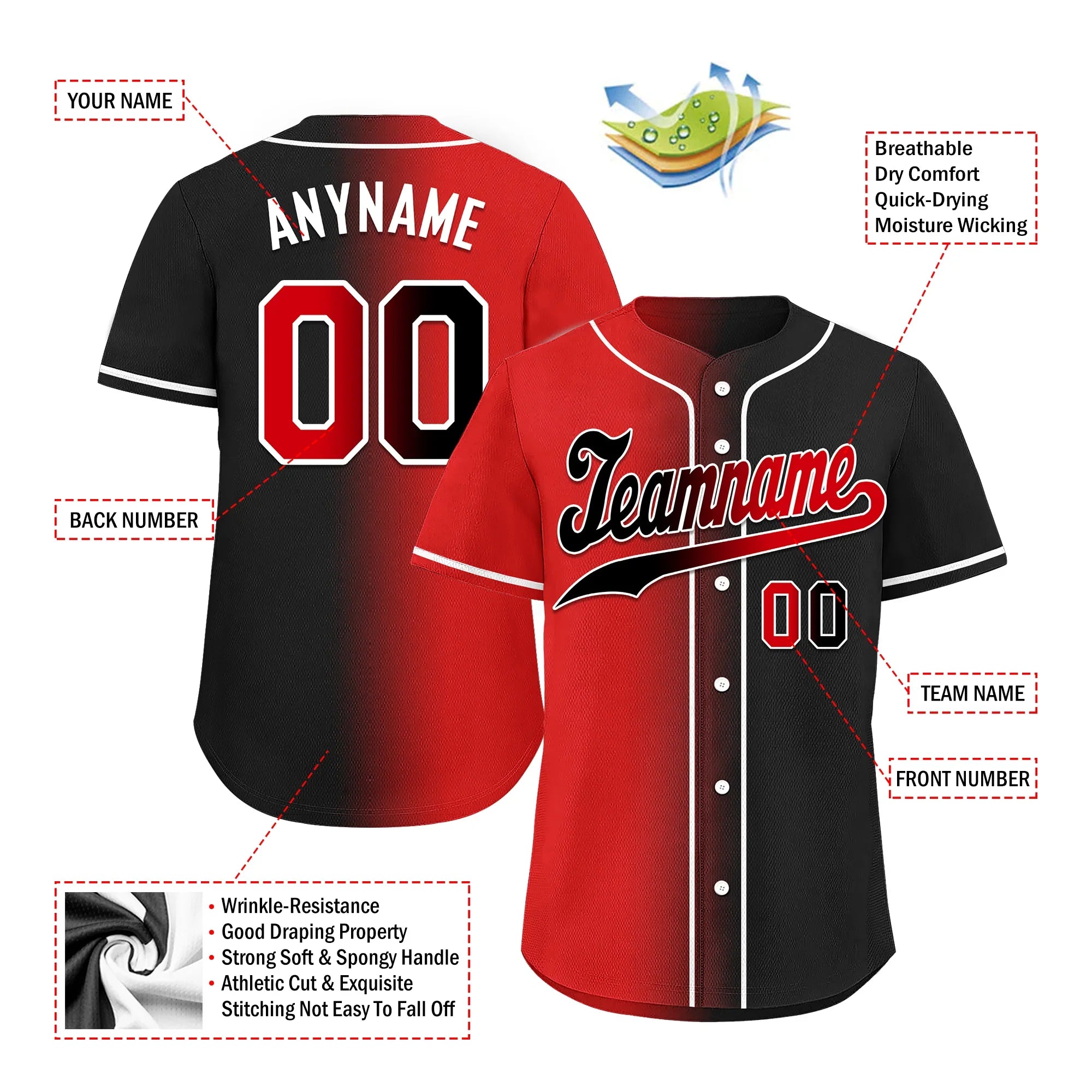 Custom Red Black Gradient Fashion Personalized Authentic Baseball Jersey BSBJ01-D0a707a - Coolcustomize