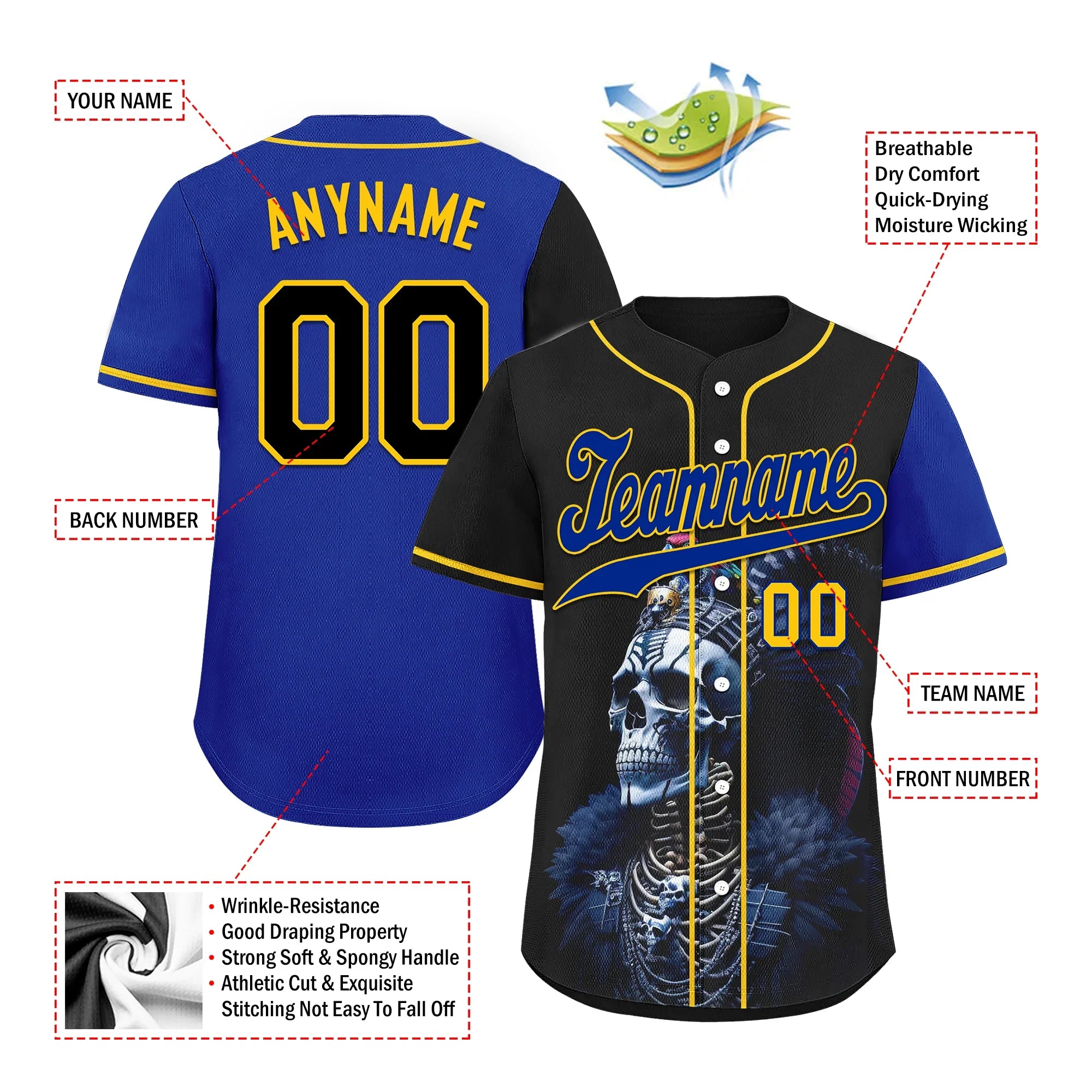 Custom Black Blue Skull Fashion Personalized Authentic Baseball Jersey BSBJ01-D017147 - Coolcustomize