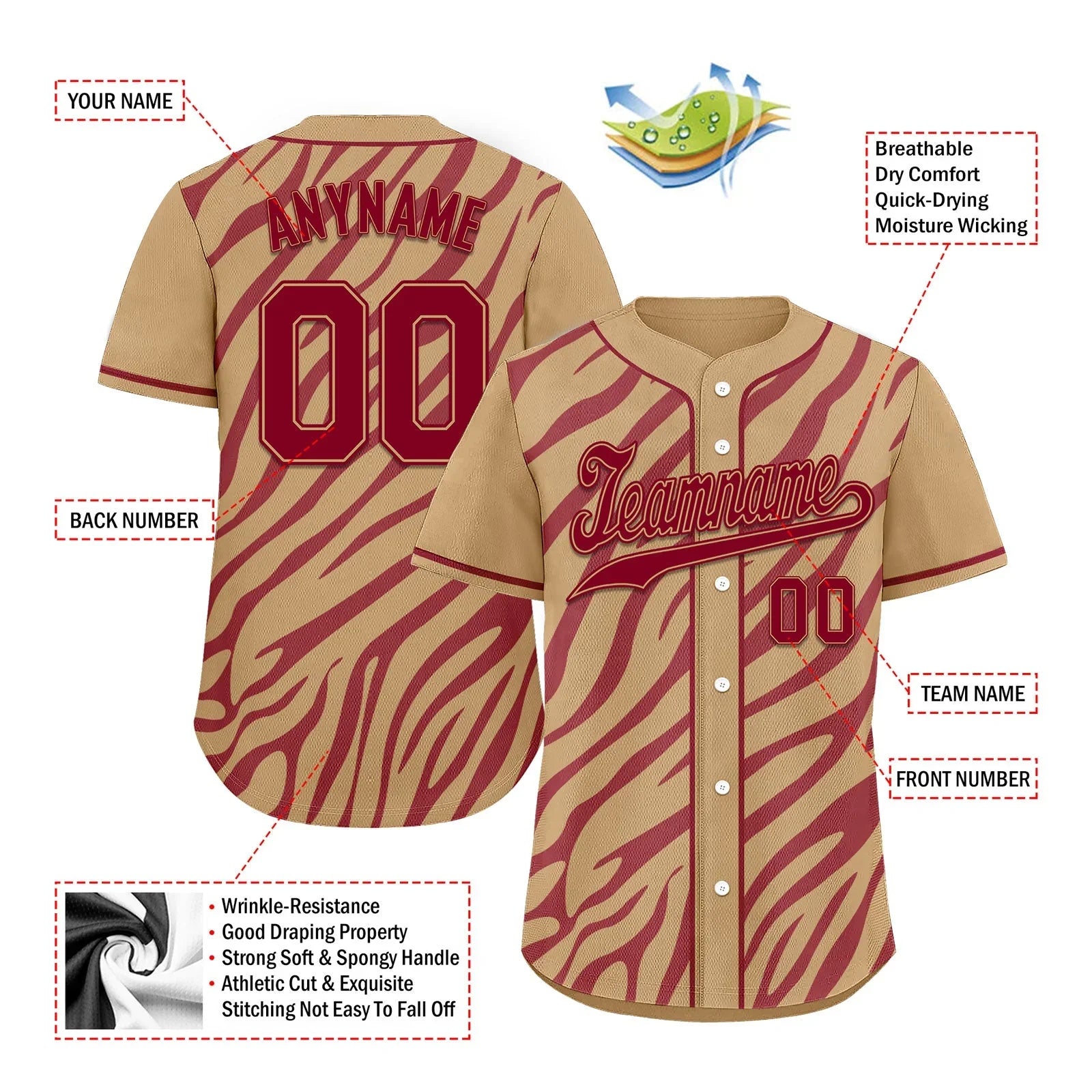 Custom Burgundy Tan Zebra Pattern Personalized Authentic Baseball Jersey BSBJ01-D020201-8 - Coolcustomize