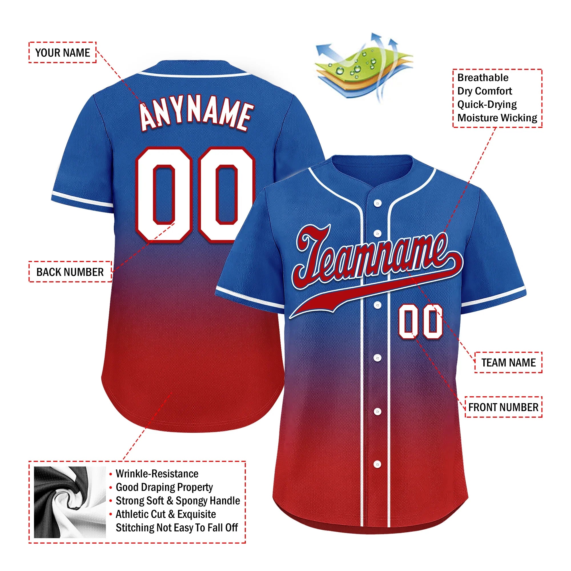 Custom Blue Red Fade Fashion Personalized Authentic Baseball Jersey BSBJ01-D0a70bd - Coolcustomize