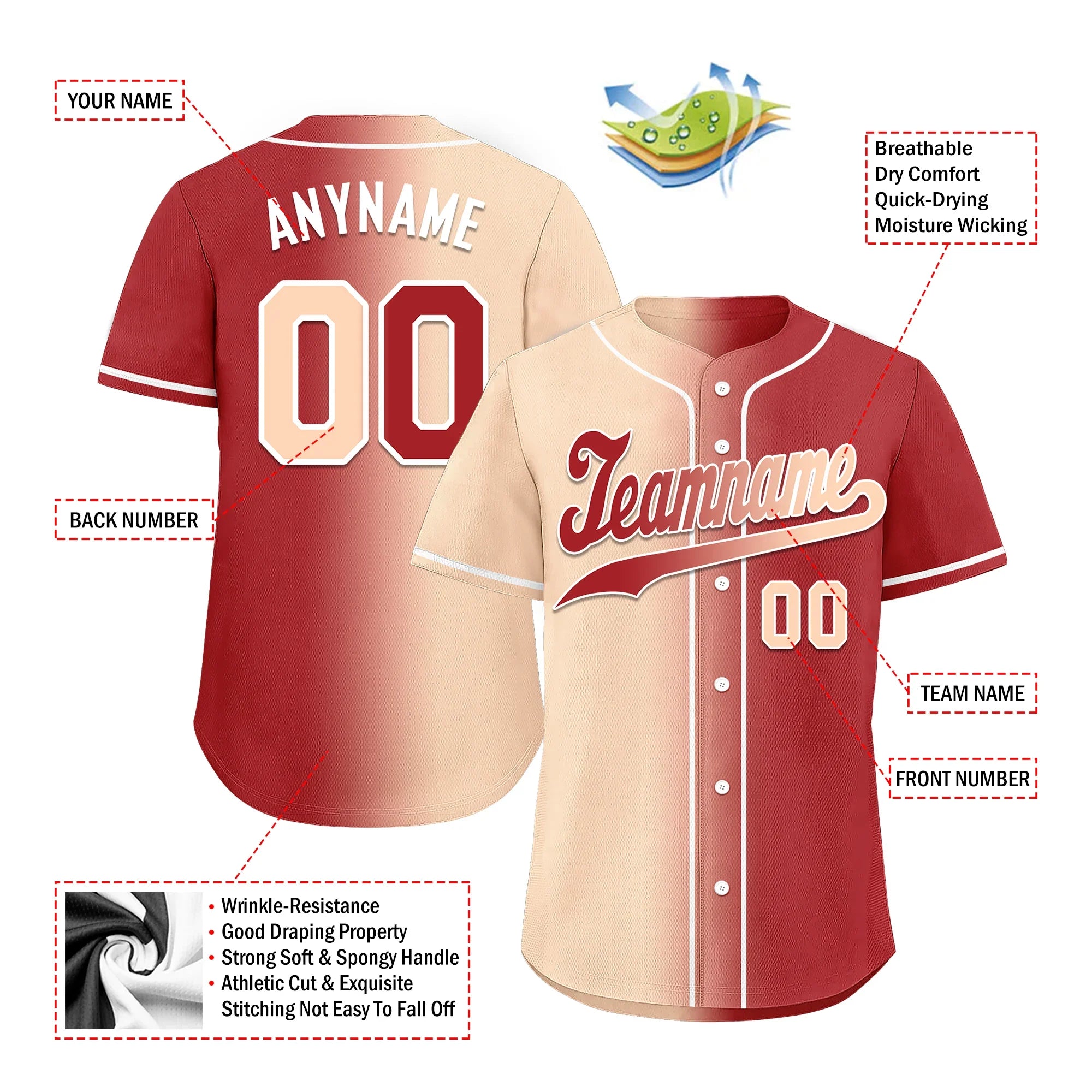 Custom Beige Red Gradient Fashion Personalized Authentic Baseball Jersey BSBJ01-D0a708f - Coolcustomize