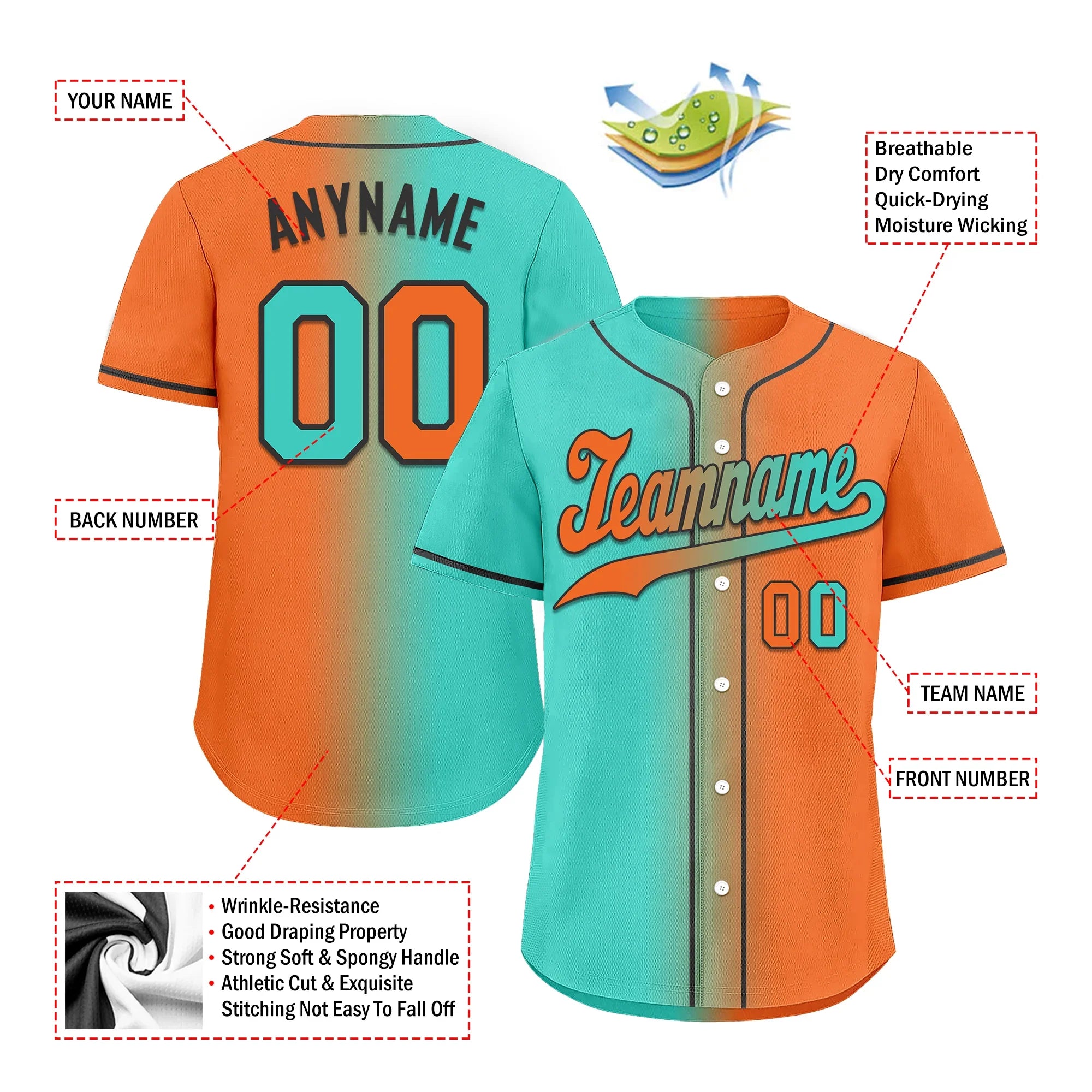 Custom Cyan Orange Gradient Fashion Personalized Authentic Baseball Jersey BSBJ01-D0a7087 - Coolcustomize