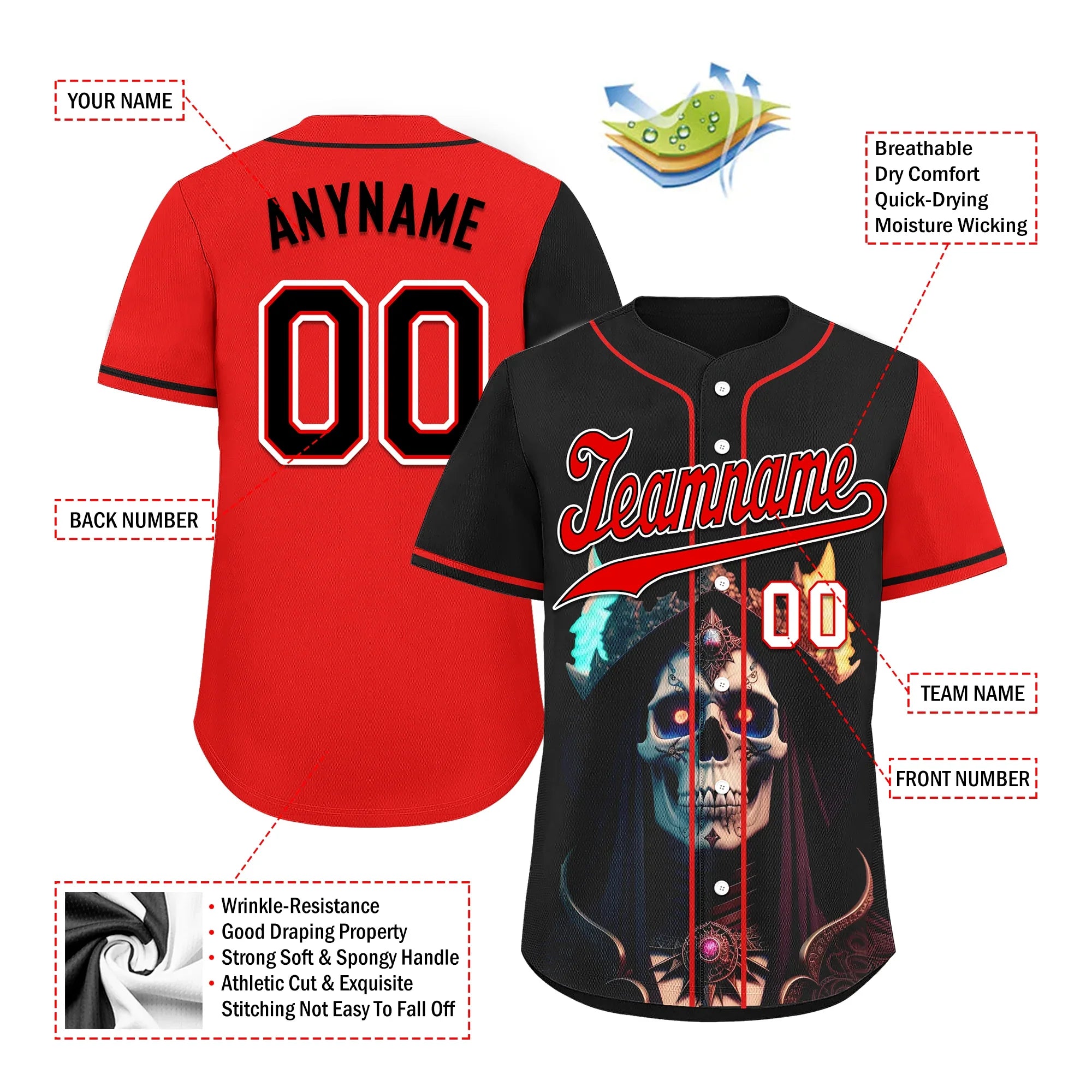 Custom Black Red Skull Fashion Personalized Authentic Baseball Jersey BSBJ01-D017159 - Coolcustomize