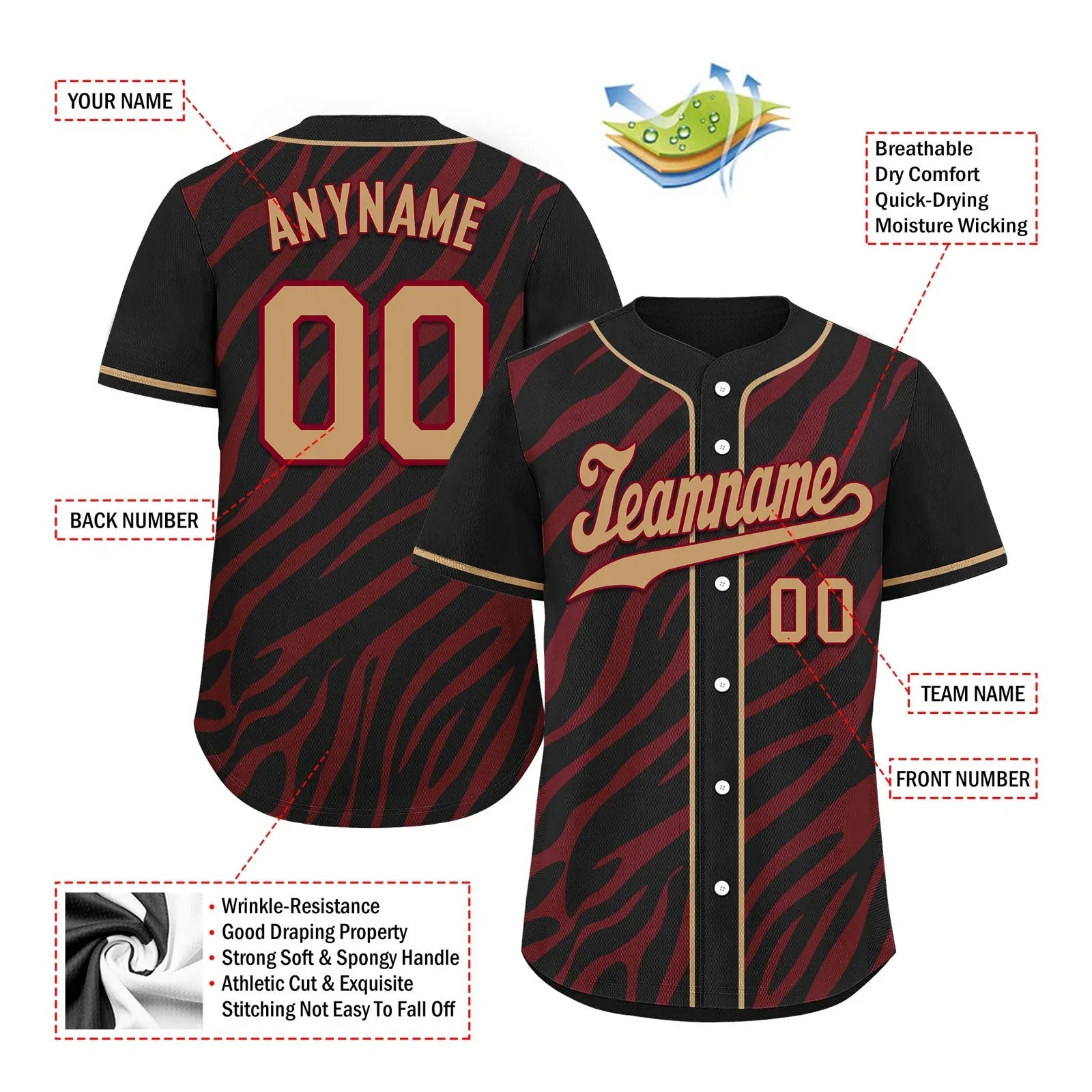 Custom Black Burgundy Zebra Pattern Personalized Authentic Baseball Jersey BSBJ01-D020201-9 - Coolcustomize