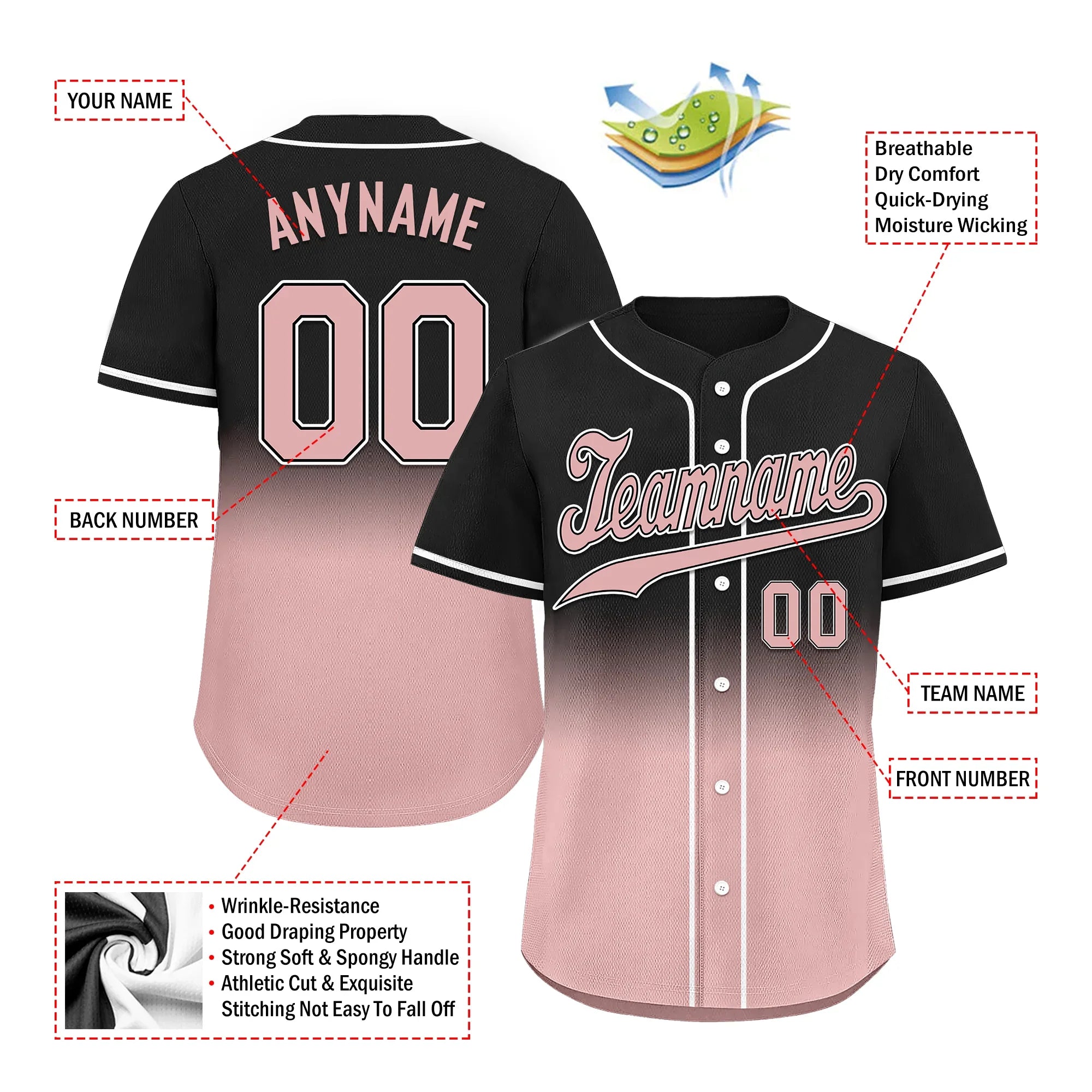 Custom Black Pink Fade Fashion Personalized Authentic Baseball Jersey BSBJ01-D0a70d9 - Coolcustomize