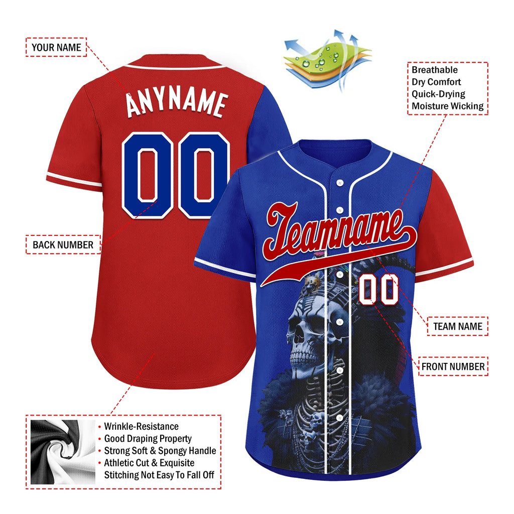 Custom Blue Red Skull Fashion Personalized Authentic Baseball Jersey BSBJ01-D017146 - Coolcustomize