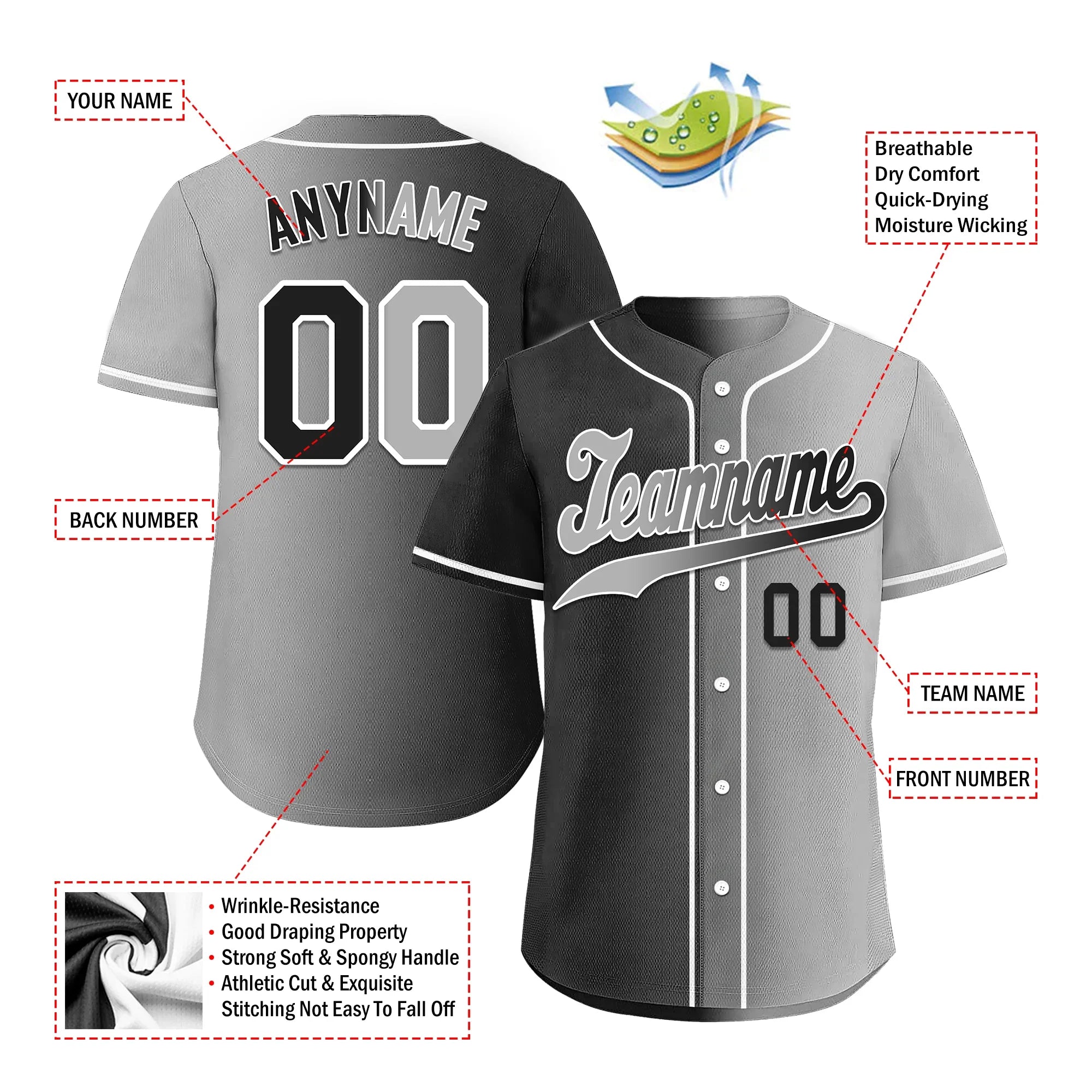 Custom Black Grey Gradient Fashion Personalized Authentic Baseball Jersey BSBJ01-D0a7a07 - Coolcustomize