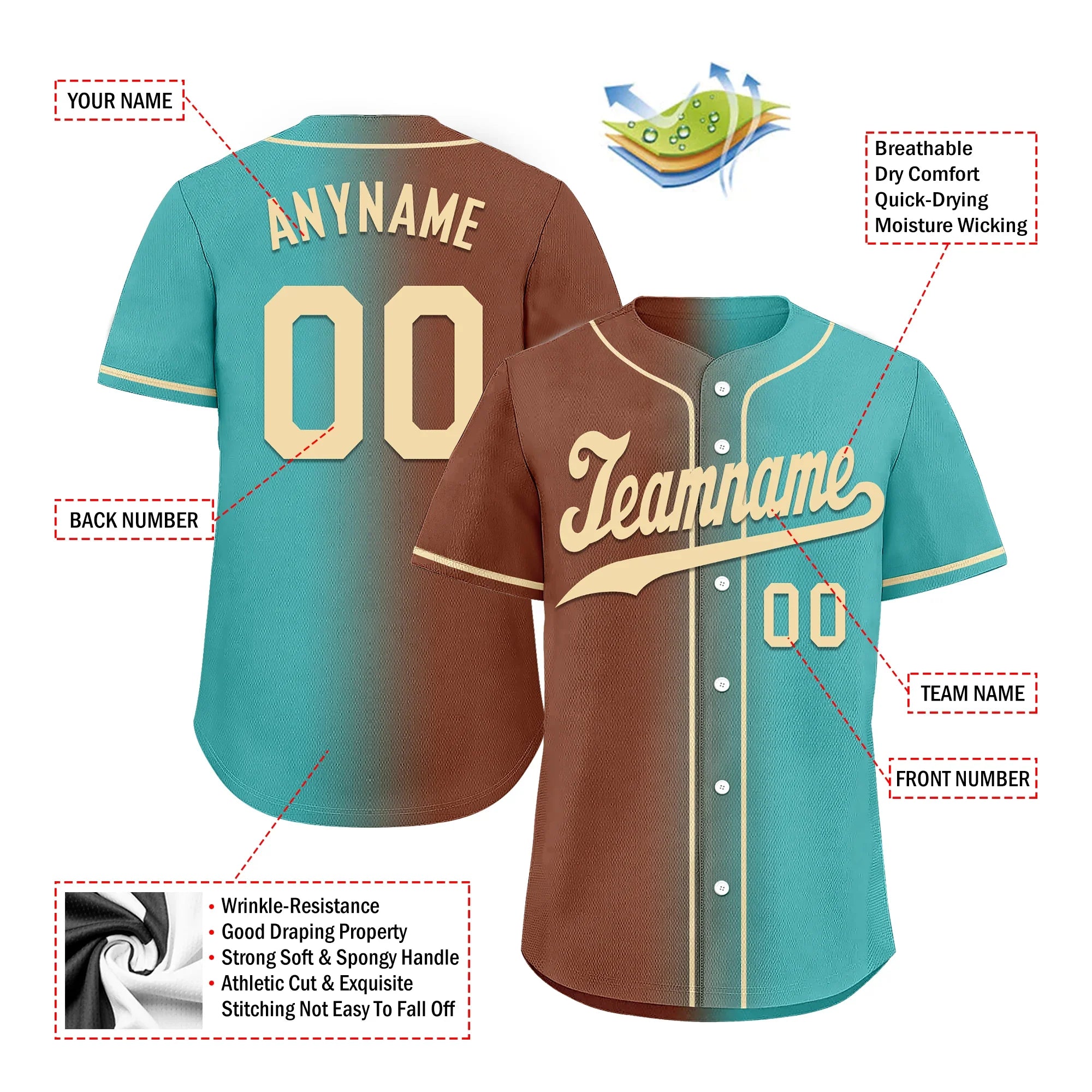 Custom Brown Cyan Gradient Fashion Personalized Authentic Baseball Jersey BSBJ01-D0a7088 - Coolcustomize