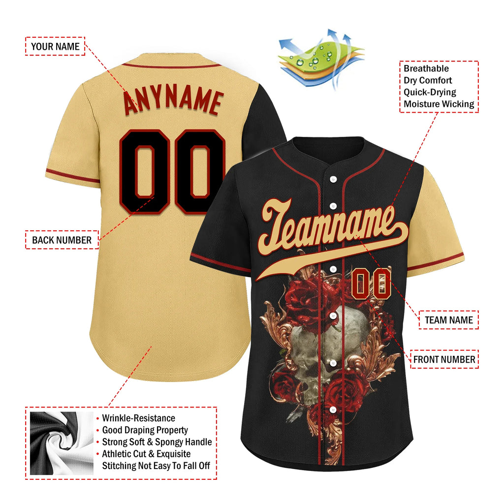 Custom Black Yellow Skull Fashion Personalized Authentic Baseball Jersey BSBJ01-D017142 - Coolcustomize
