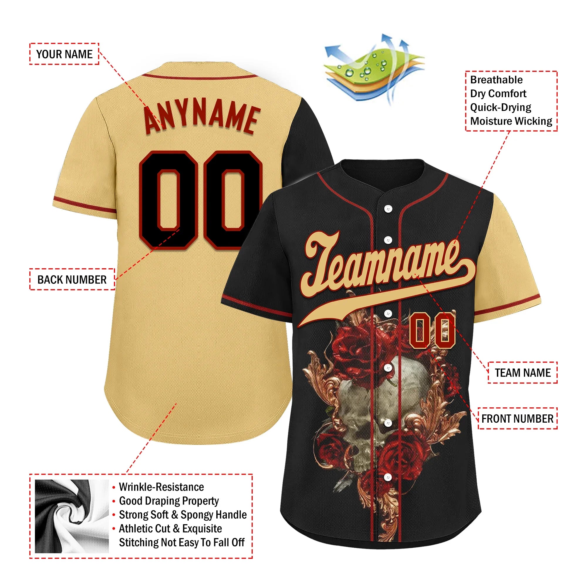 Custom Black Yellow Skull Fashion Personalized Authentic Baseball Jersey BSBJ01-D017142 - Coolcustomize