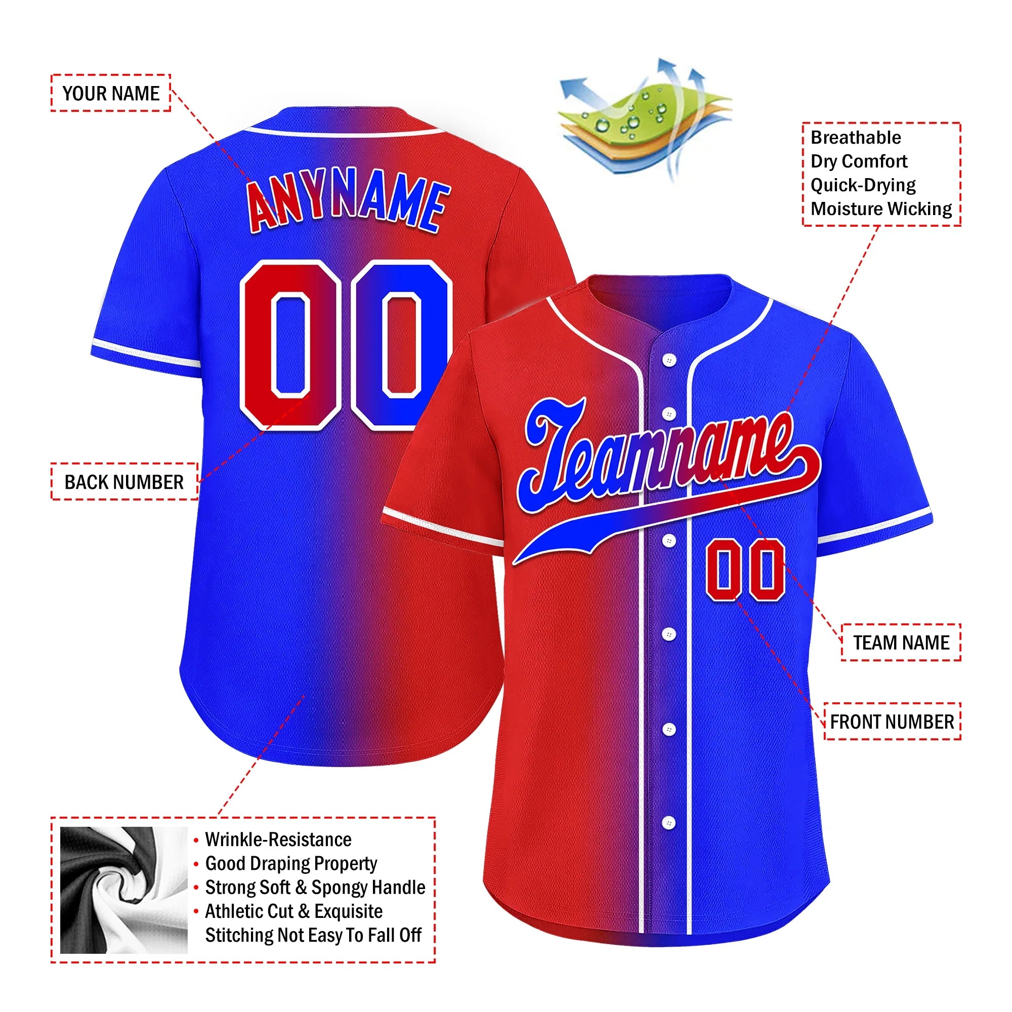 Custom Red Blue Gradient Fashion Personalized Authentic Baseball Jersey BSBJ01-D0a707b - Coolcustomize