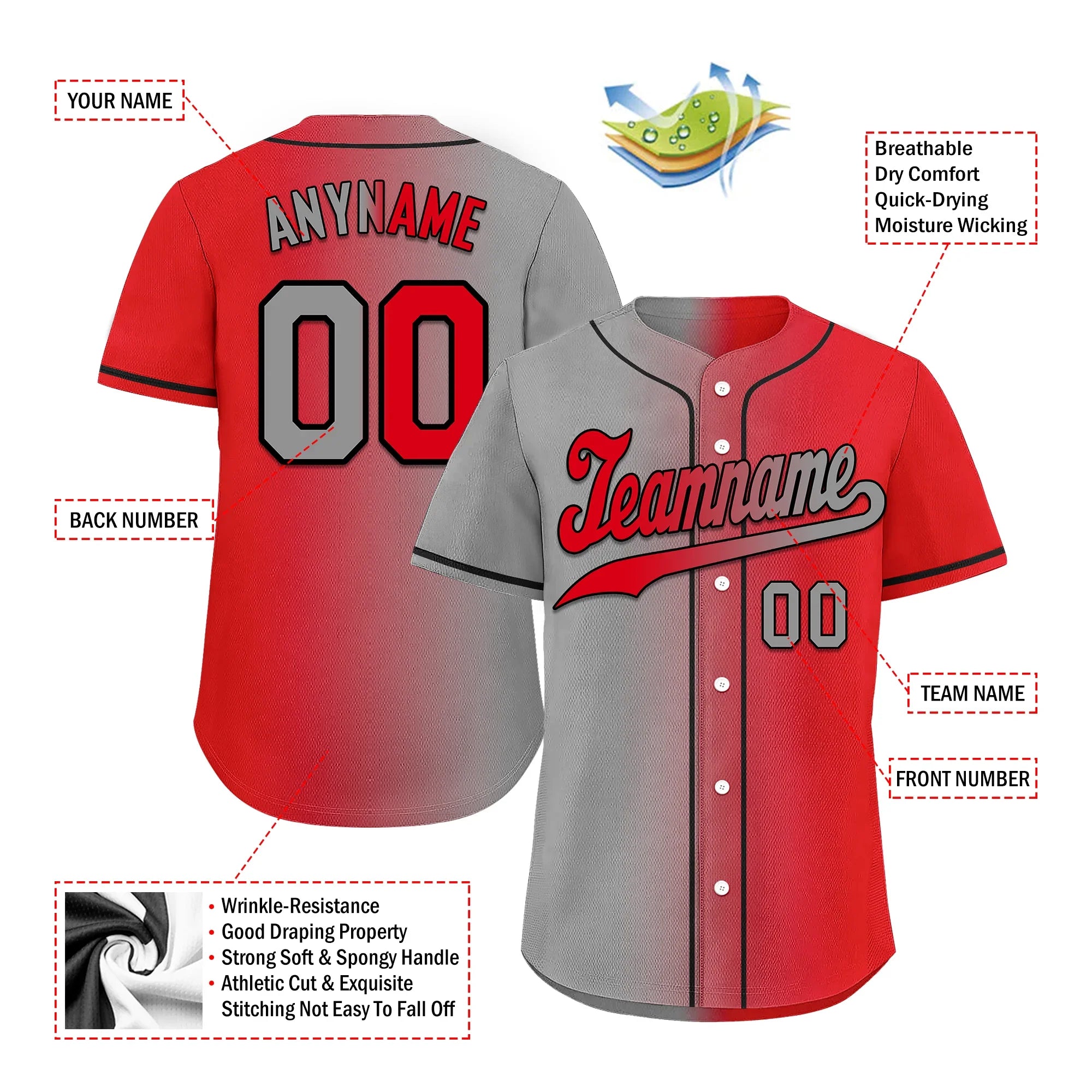 Custom Grey Red Gradient Fashion Personalized Authentic Baseball Jersey BSBJ01-D0a7aad - Coolcustomize