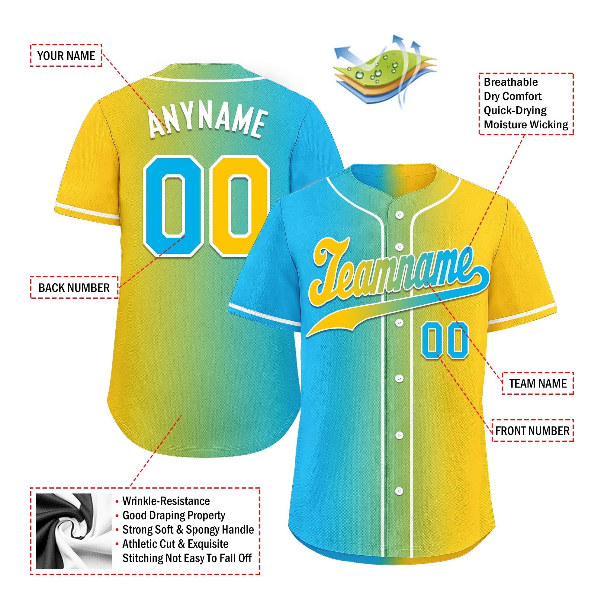 Custom Blue Yellow Gradient Fashion Personalized Authentic Baseball Jersey BSBJ01-D0a709b - Coolcustomize